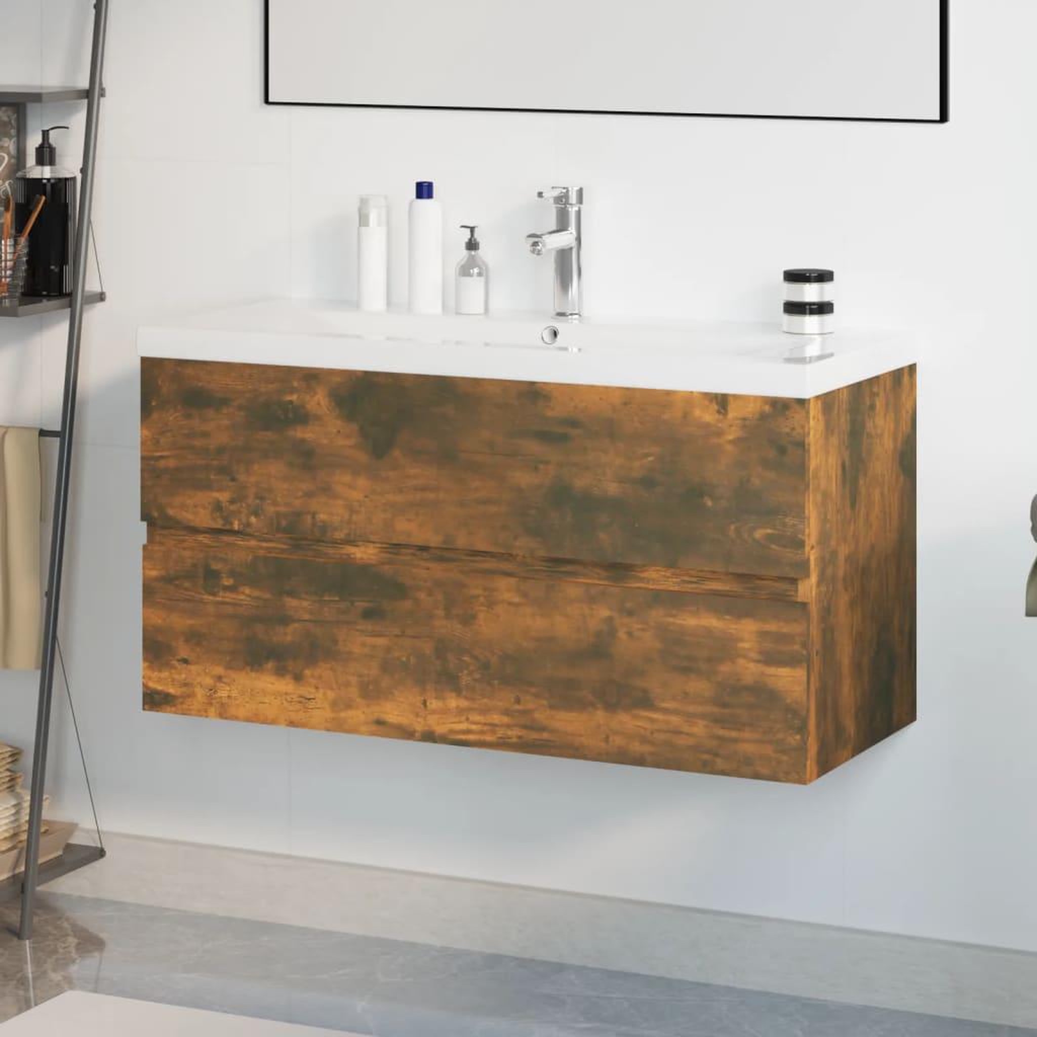 VIDAXL Meuble lavabo avec bassin integre Chene fume Bois d'ingenierie