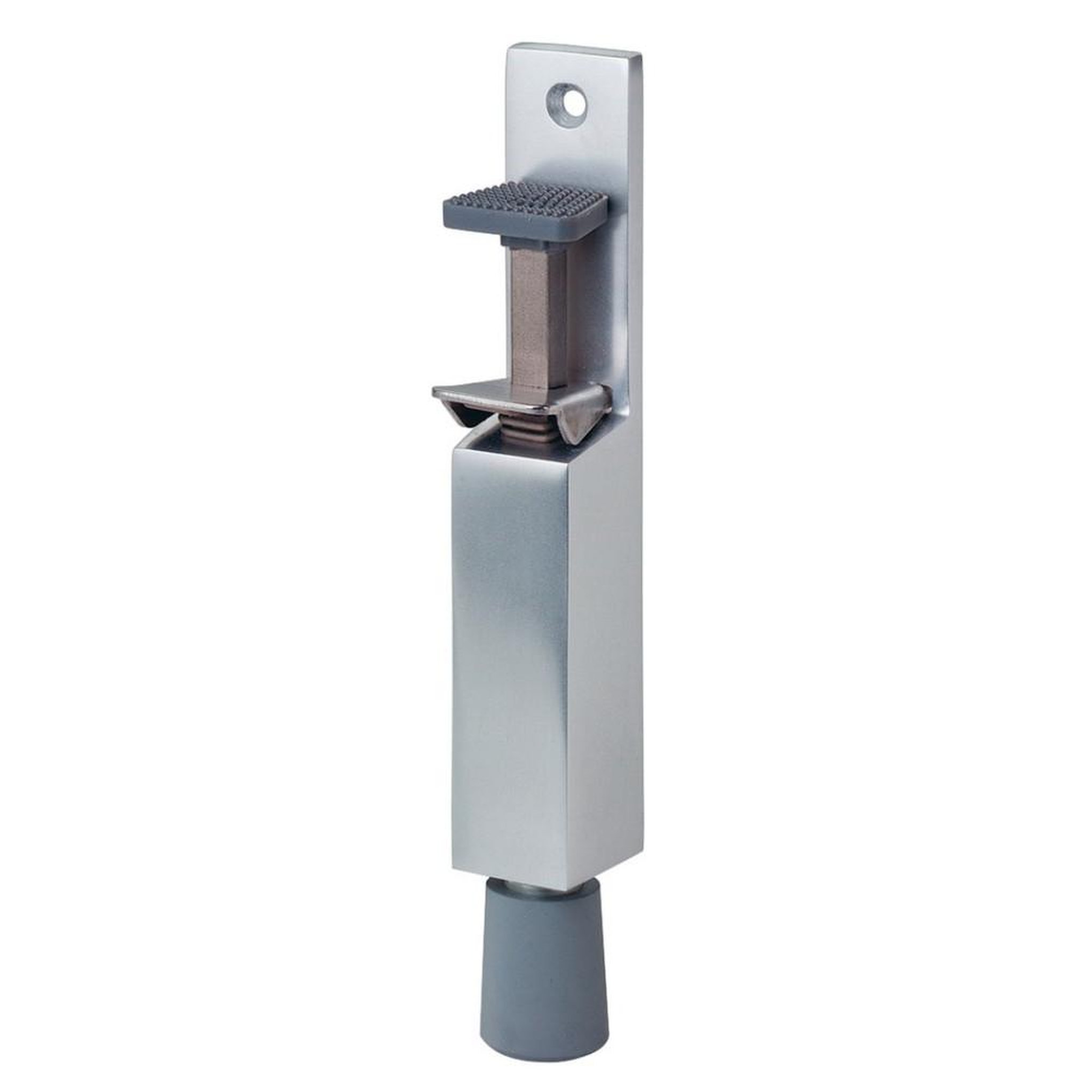 Butée de porte verticale aluminium argent lift 50 mm pour portes jusqu'à 40 kg, boulon de butée acier zingué et patins caoutchouc gris