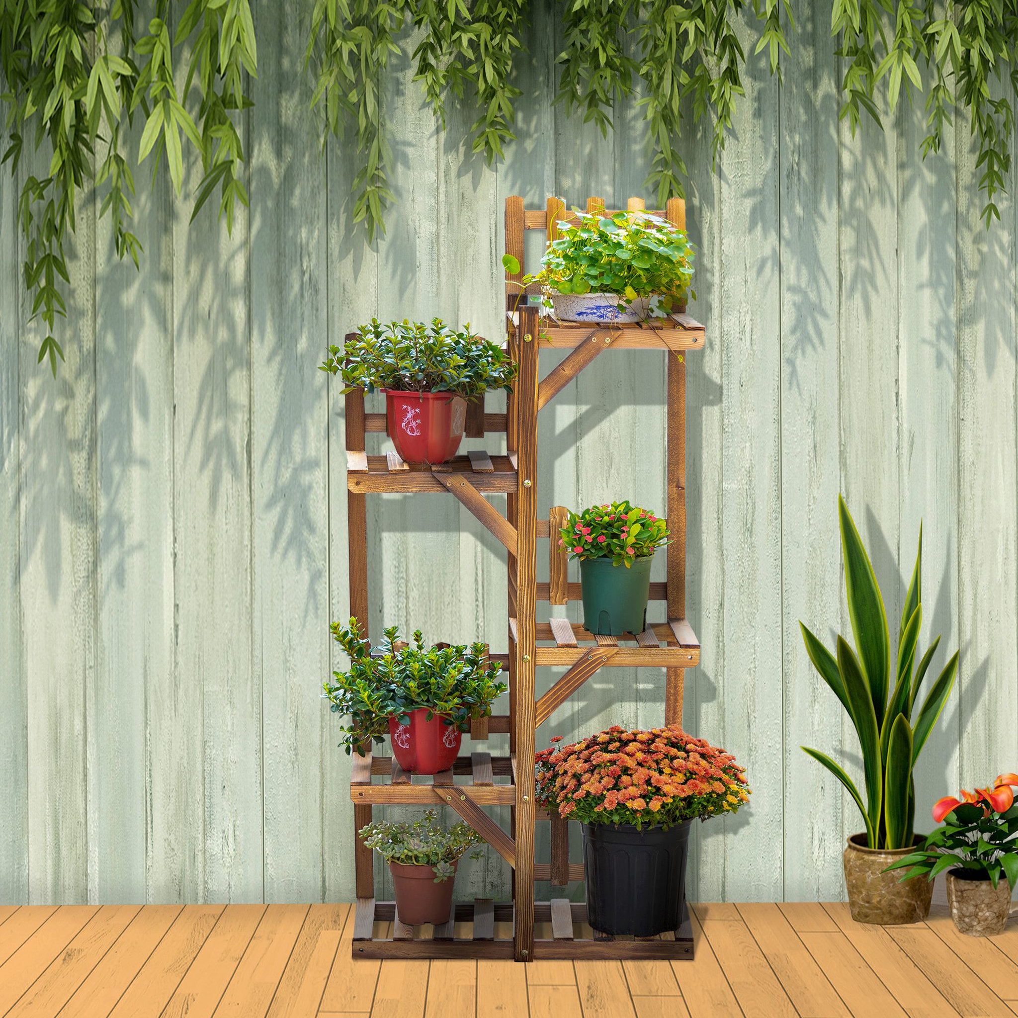 Voir la diapositive 2 : OUTSUNNY Étagère à fleurs en bois - porte plante bois 5 tablettes ornement petites barrières - dim. 60L x 30l x 130H cm - bois de sapin traité carbonisation