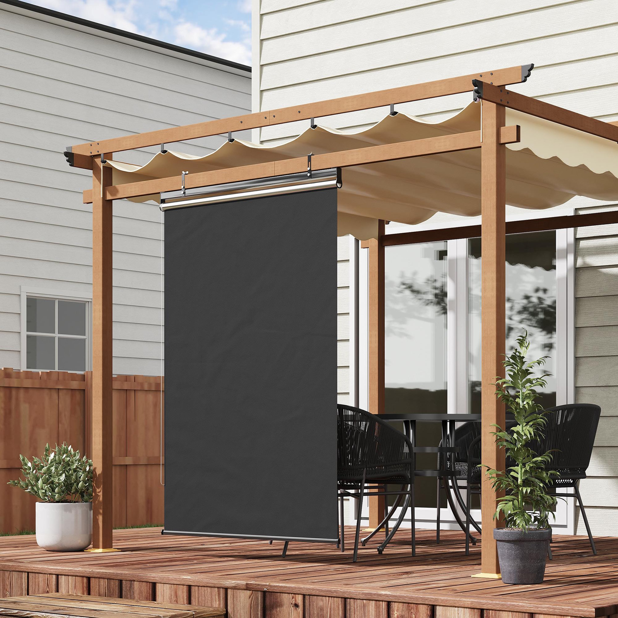 Voir la diapositive 2 : OUTSUNNY Store extérieur vertical store manuel rétractable dim. 124L x 5l x 222H cm installation sans perçage alu. acier polyester gris