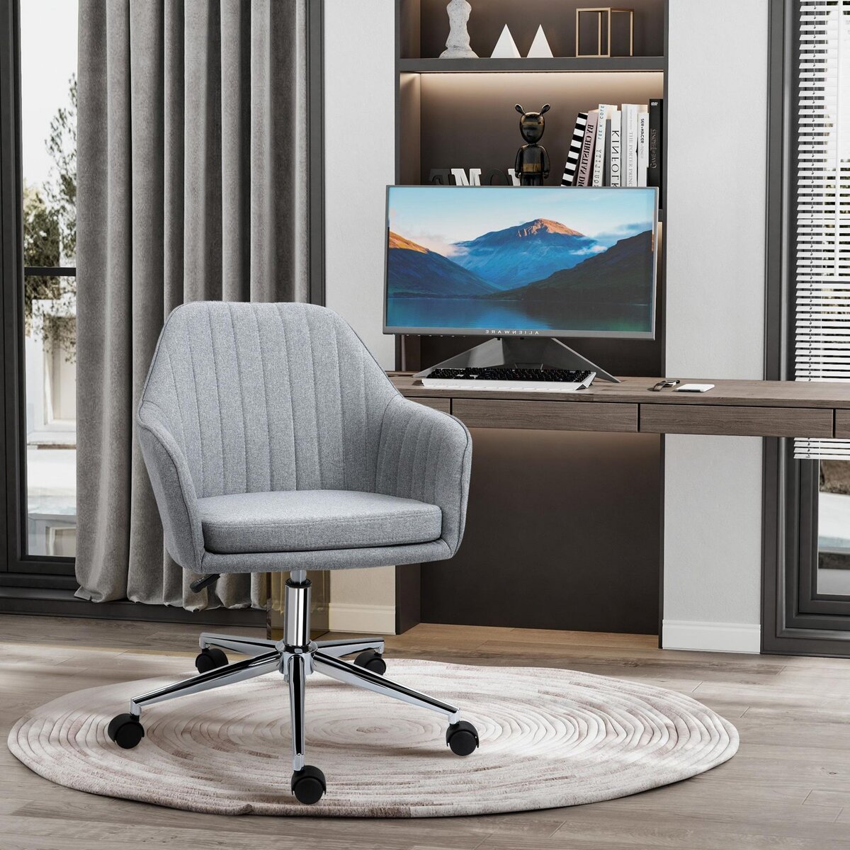 HOMCOM HOMCOM Chaise de bureau design contemporain dossier accoudoirs striés hauteur réglable pivotant 360° piètement chromé lin gris clair