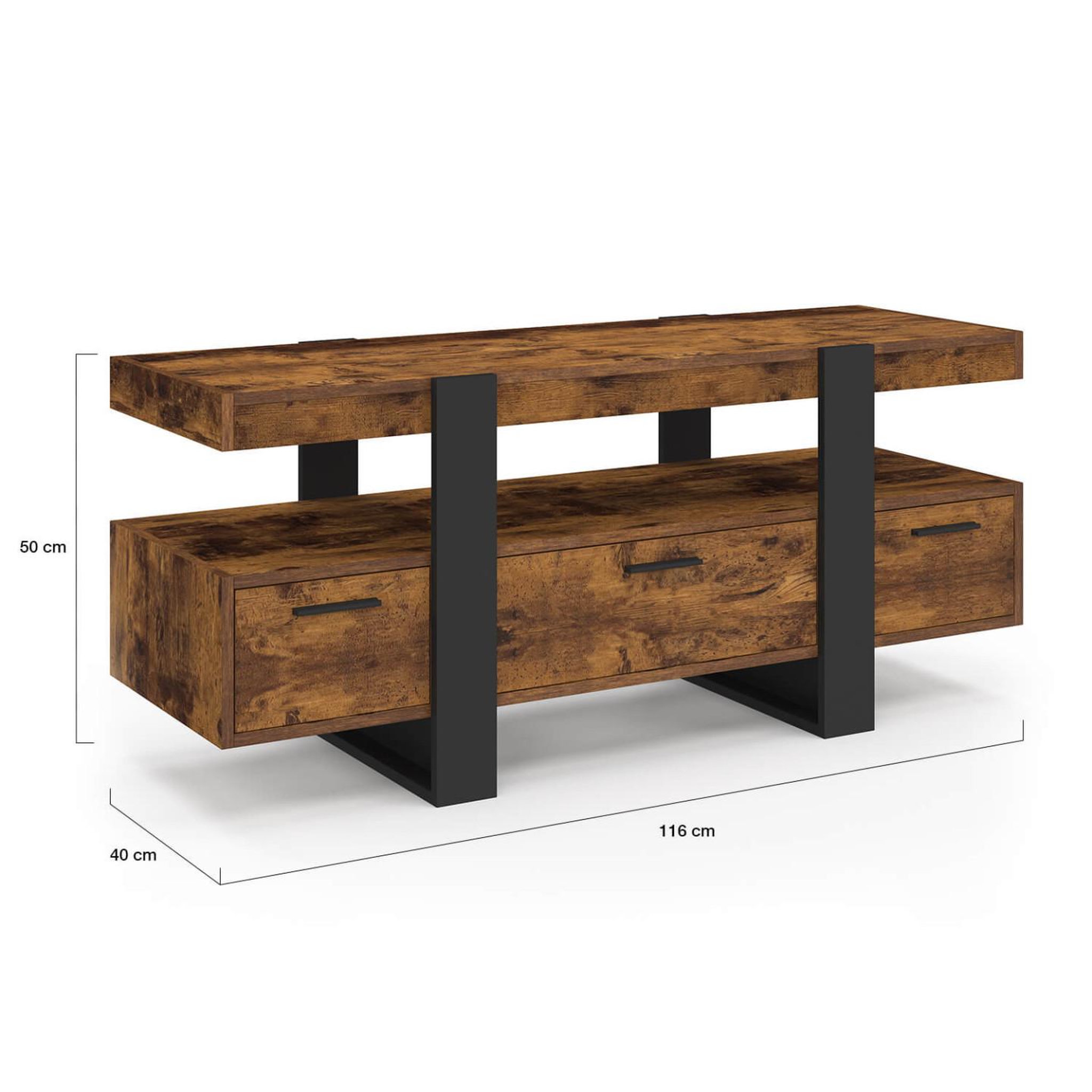 Voir la diapositive 5 : ID MARKET Meuble tv 116 cm phoenix avec tiroirs bois effet vieilli et noir