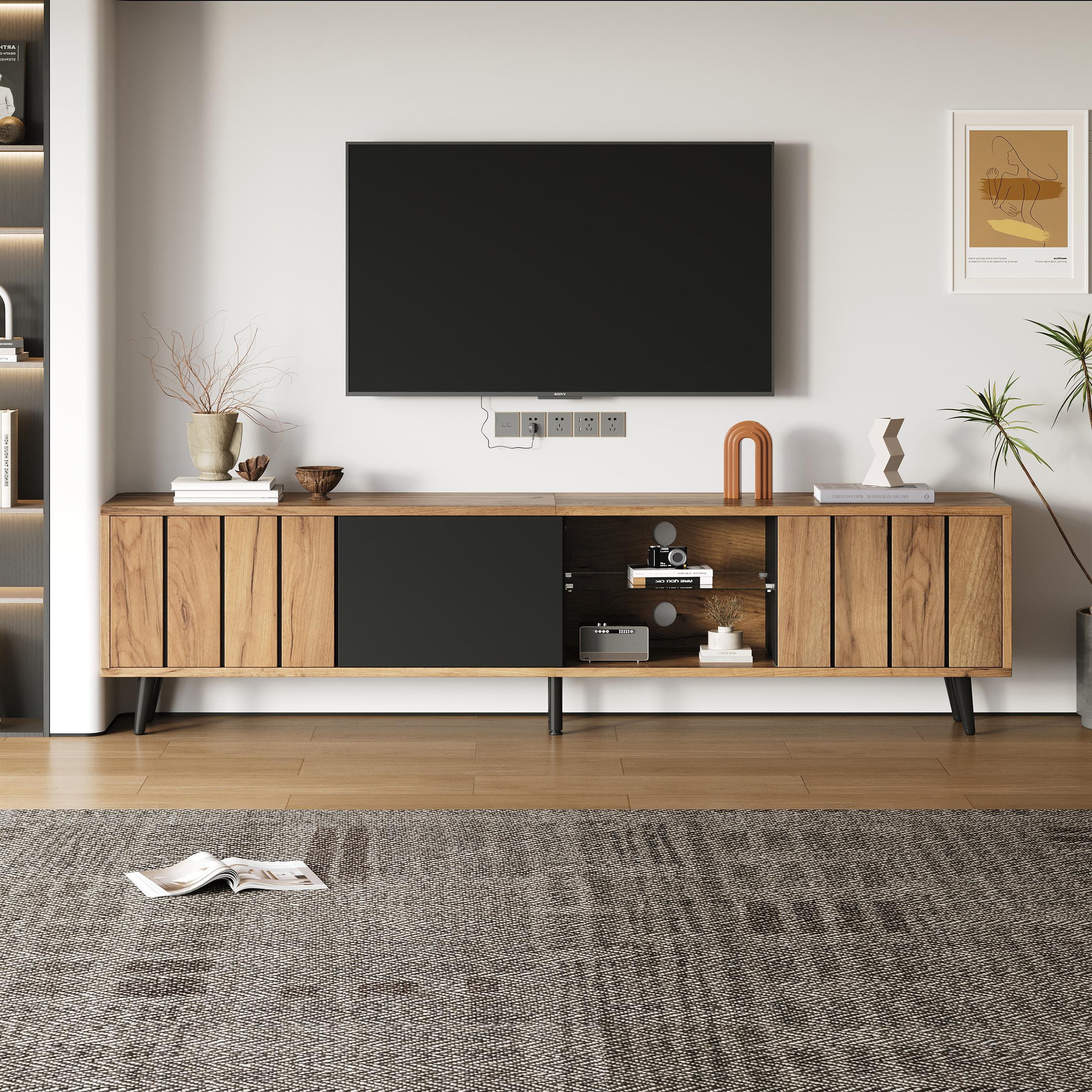 Voir la diapositive 2 : MERAX Meuble tv naturel+noir 175 cm panneau de particules