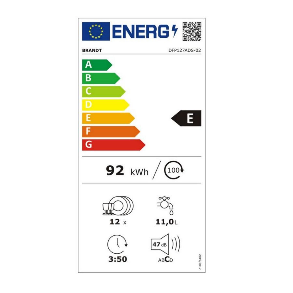 BRANDT Lave-vaisselle 60cm 12 couverts 47db - dfp127ads