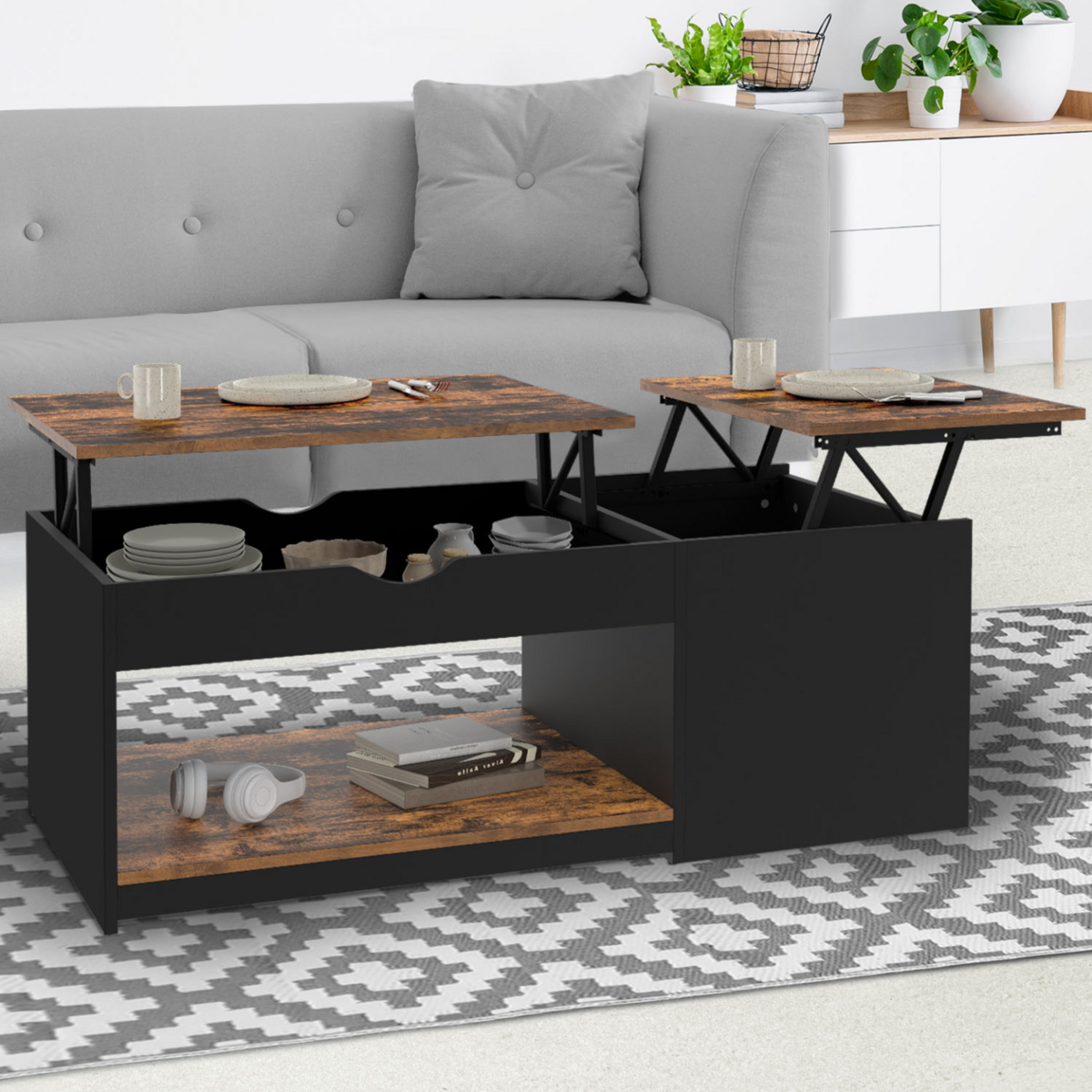 ID MARKET Table basse 2 plateaux relevables EYLA avec coffre bois foncé effet vieilli et noir