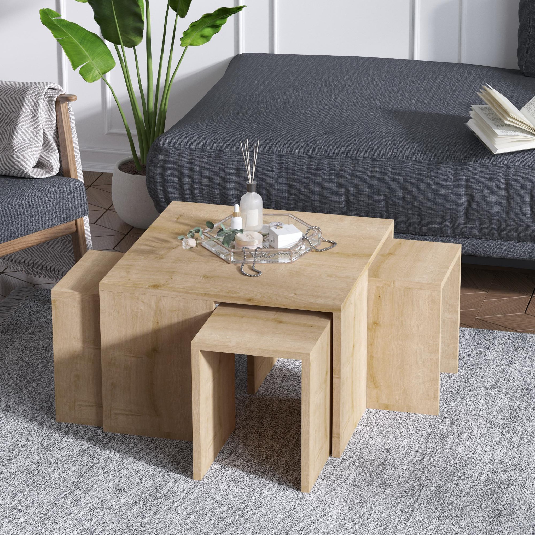 Voir la diapositive 2 : Habitat et Jardin Ensemble de tables basses en bois  ortanca  - 60 x 60 x 37 cm - chêne saphir