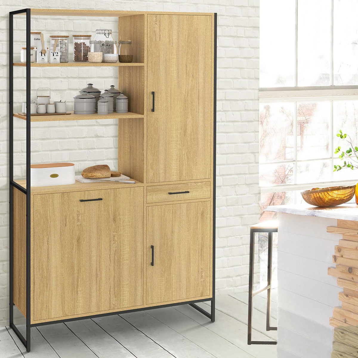 ID MARKET Buffet de cuisine avec colonne de rangement 100 CM DETROIT 3 portes + tiroir design industriel