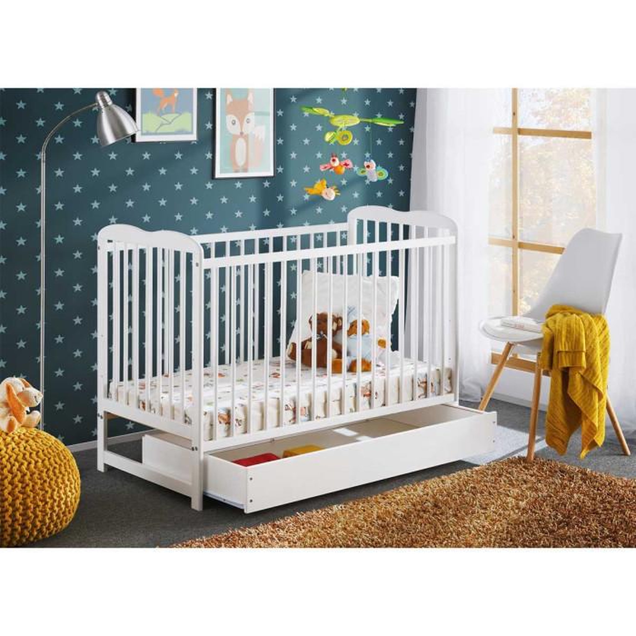 Voir la diapositive 3 : Paris Prix Lit Bébé, Matelas & Tiroir  Ala  60x120cm Blanc Mat
