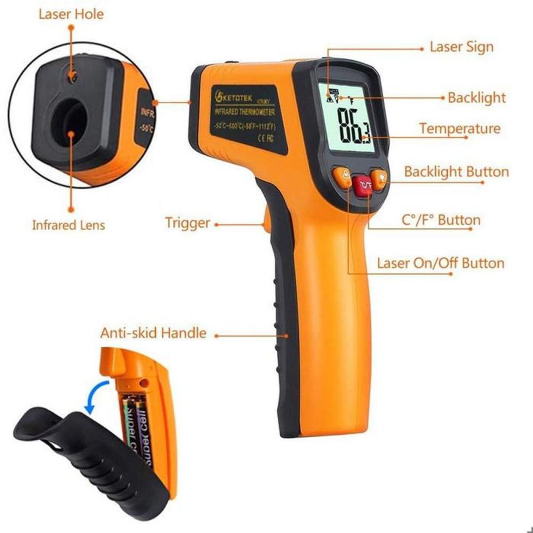 Voir la diapositive 3 : Thermomètre infrarouge laser numérique non contact orange et noir plage -50 à 600 °C, écran LCD rétroéclairé, viseur laser, 12:1, temps de réponse <500 ms