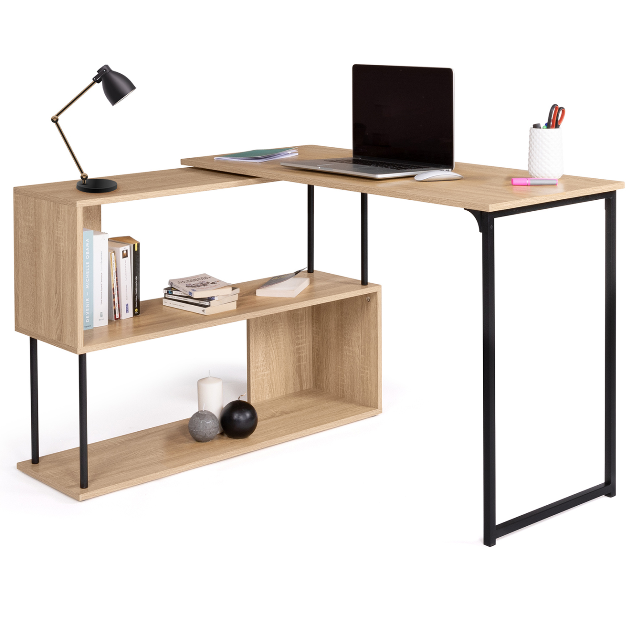 ID MARKET Bureau d'angle rotatif 180° detroit étagère forme s design industriel