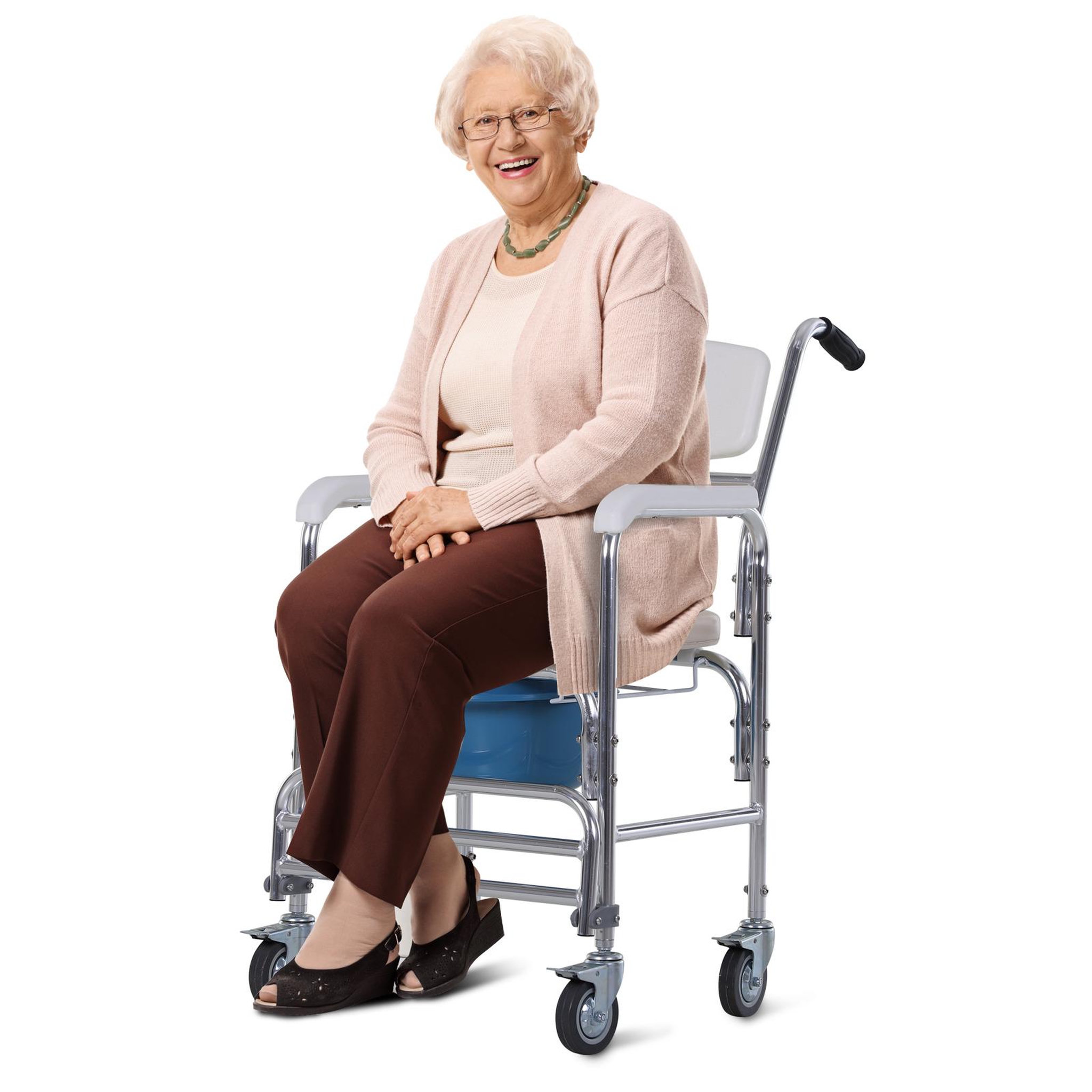 Voir la diapositive 2 : HOMCOM HOMCOM Chaise percée à roulettes - fauteuil roulant percé - chaise de douche - seau amovible, accoudoirs, repose-pied - acier chromé HDPE blanc