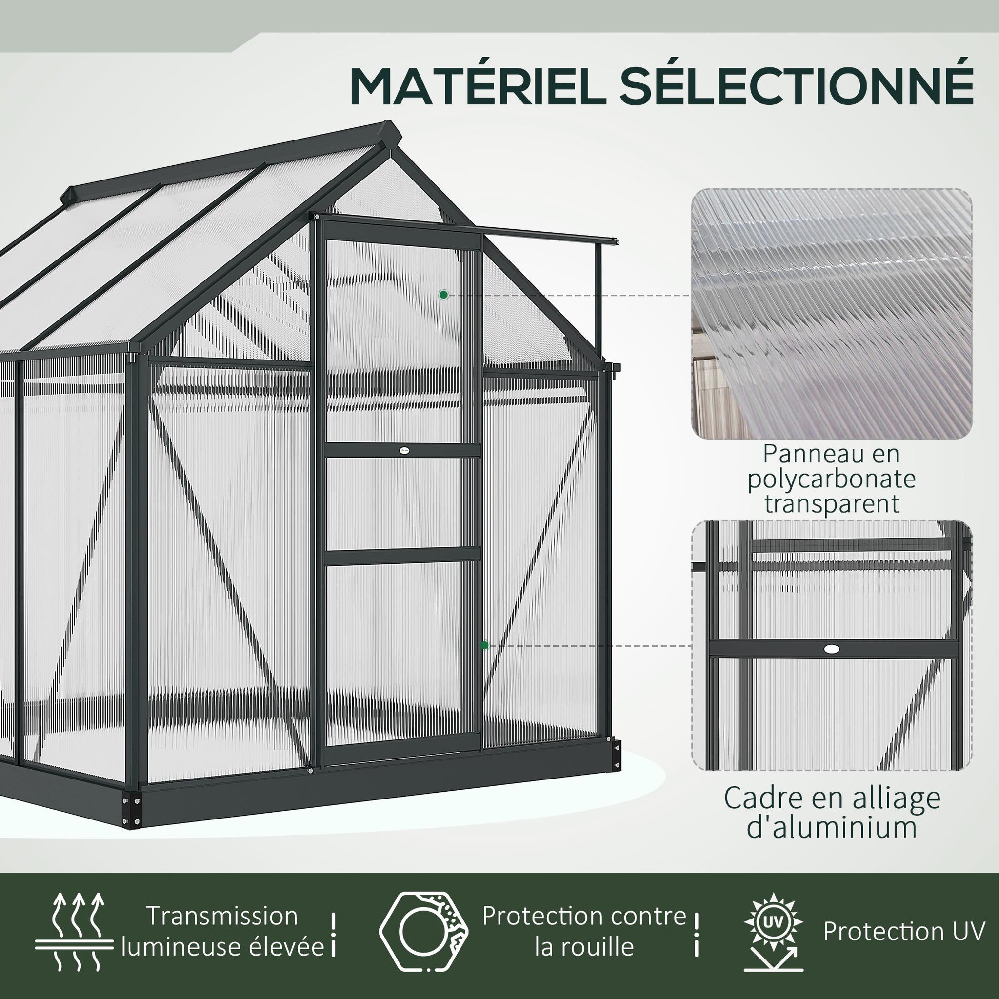 Voir la diapositive 6 : OUTSUNNY Serre de jardin aluminium polycarbonate 3,65 m² dim. 1,9l x 1,92l x 2,01h m lucarne, porte coulissante + fondation incluse alu. Gris polycarbonate transparent