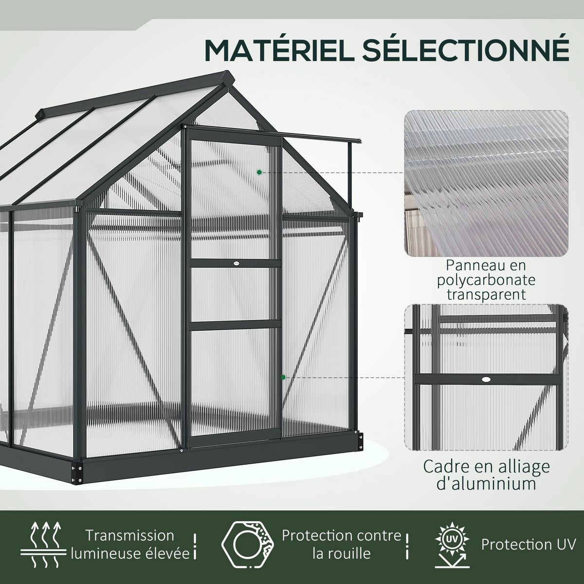 OUTSUNNY Serre de jardin aluminium polycarbonate 3,65 m² dim. 1,9L x 1,92l x 2,01H m lucarne, porte coulissante + fondation incluse alu. gris polycarbonate transparent