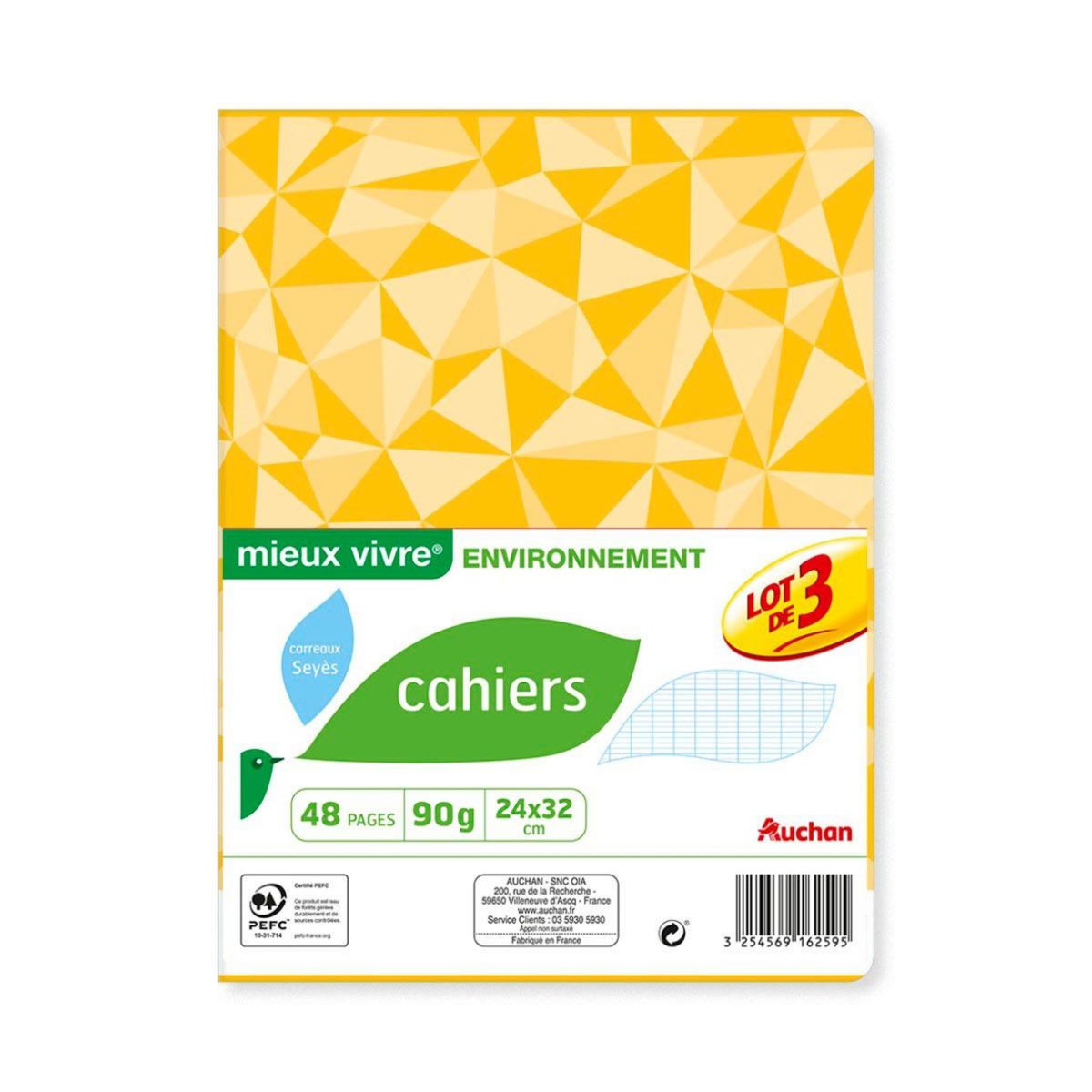 AUCHAN Lot de 3 cahiers piqués 24x32cm 48 pages grands carreaux Seyes motif triangles