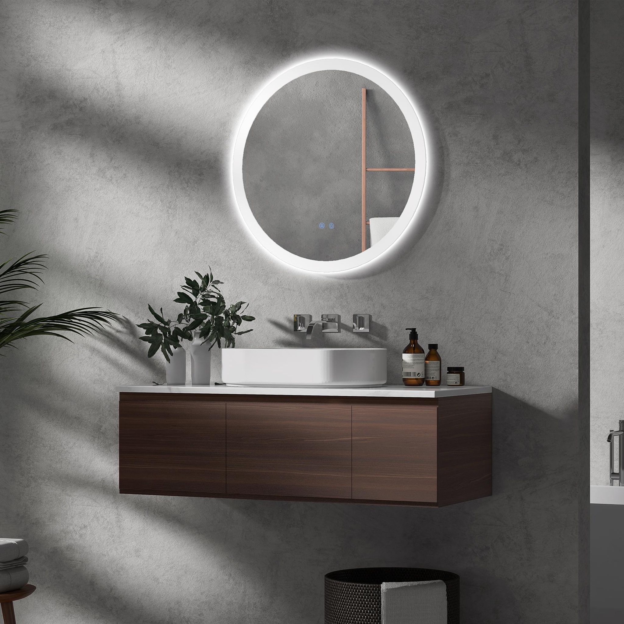 Voir la diapositive 2 : KLEANKIN Miroir rond lumineux led de salle de bain ø 70 cm mural avec éclairage 3 couleurs interrupteur tactile système antibuée 35w blanc argent