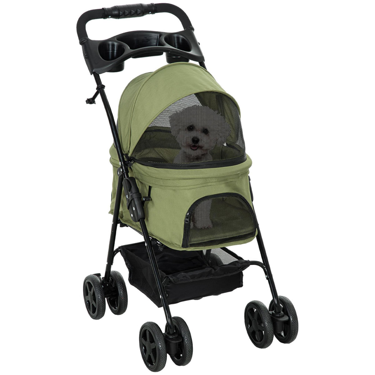 PAWHUT Poussette buggy pliable chien chat panier rangement porte-gobelets tissu 300D Oxford imperméable 4 roues vert
