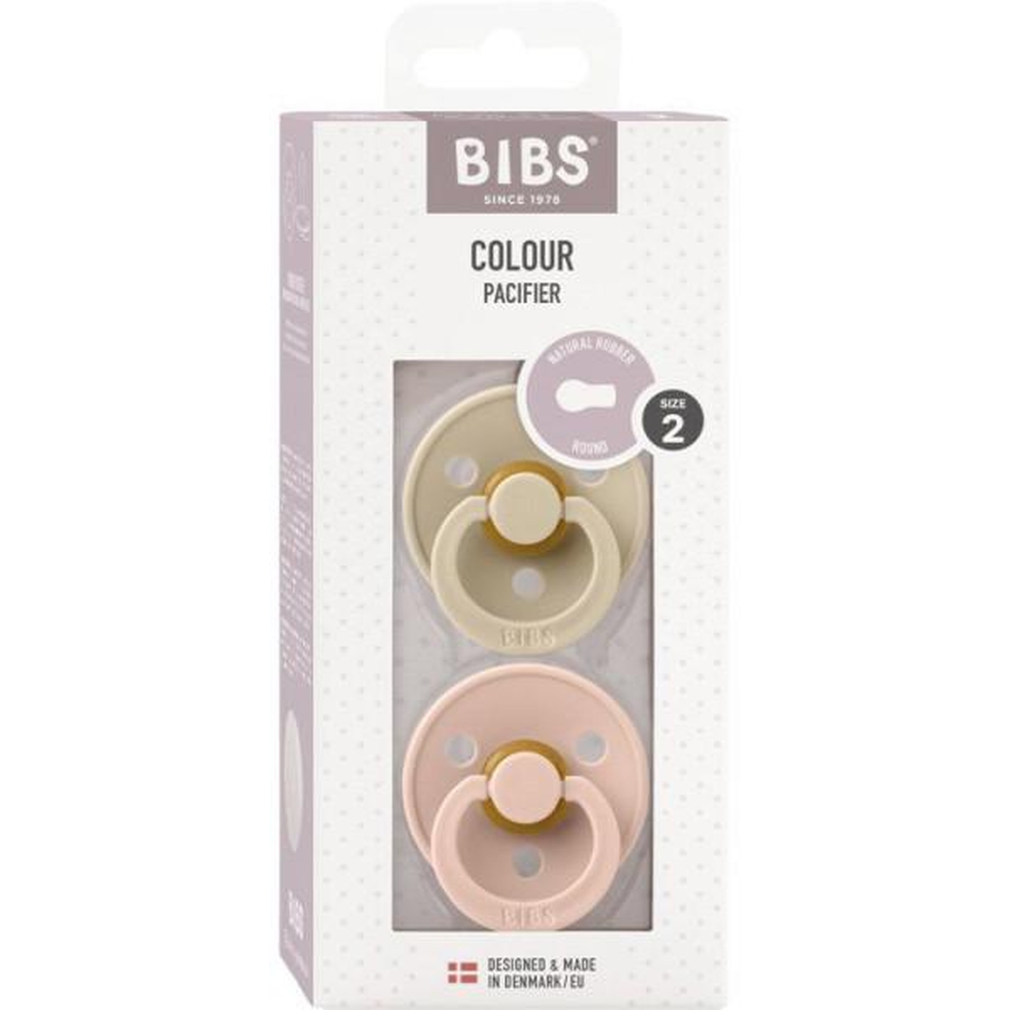 BIBS Sucette bébé - BIBS - Colour - Embout rond - Pack de 2 - Caoutchouc naturel - Taille 2 Vanilla Blush
