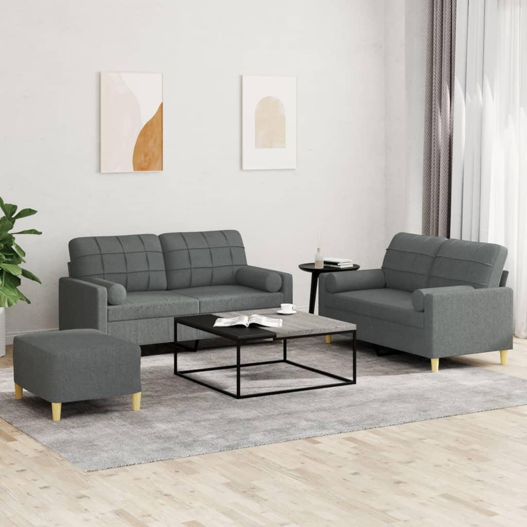 VIDAXL Ensemble de canapes 3 pcs coussins gris fonce tissu