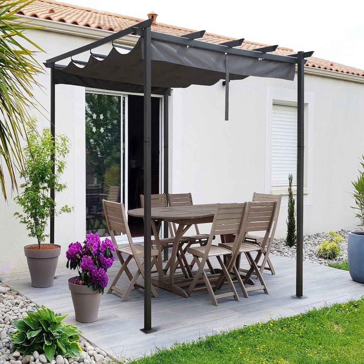 Habitat et Jardin Pergola en aluminium avec toit rétractable - 3 x 3 m - Gris