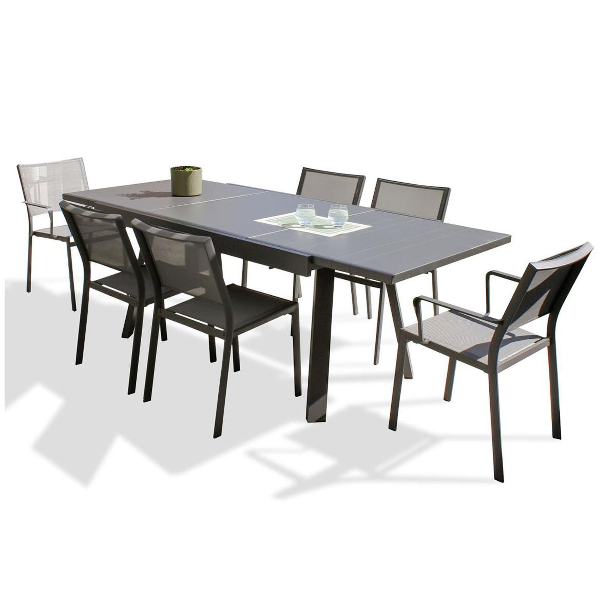 Voir la diapositive 2 : DCB GARDEN Ensemble Table de Jardin 4 Chaises & 2 Fauteuils  Stockholm  150-225cm Gris Anthracite