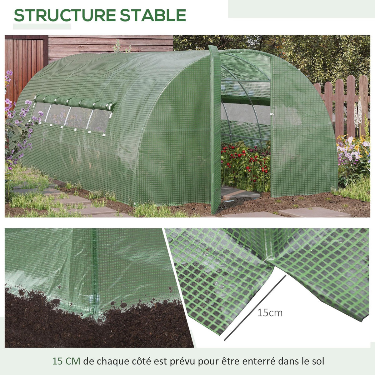 OUTSUNNY Serre de jardin tunnel 16,64 m² acier galvanisé renforcé diamètre 2,4 cm + PE haute densité fenêtres porte vert
