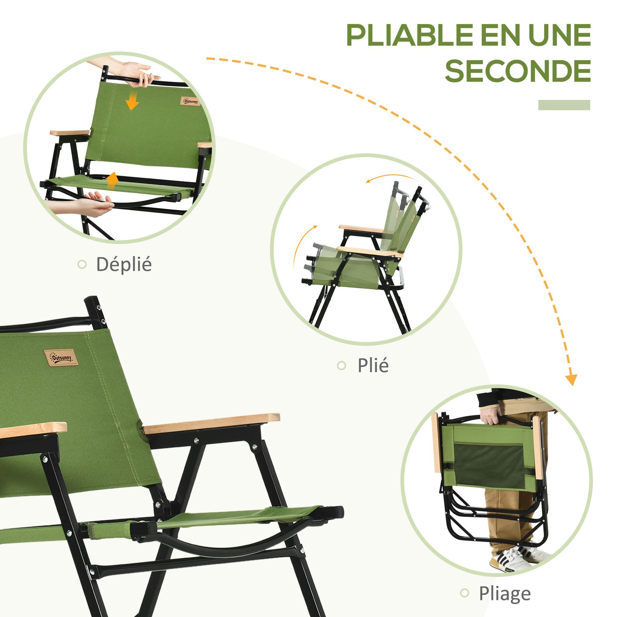 Voir la diapositive 5 : OUTSUNNY Lot de 2 chaises de plage camping pliantes - structure en aluminium avec sac de transport - dim. 55L x 55l x 66H cm vert