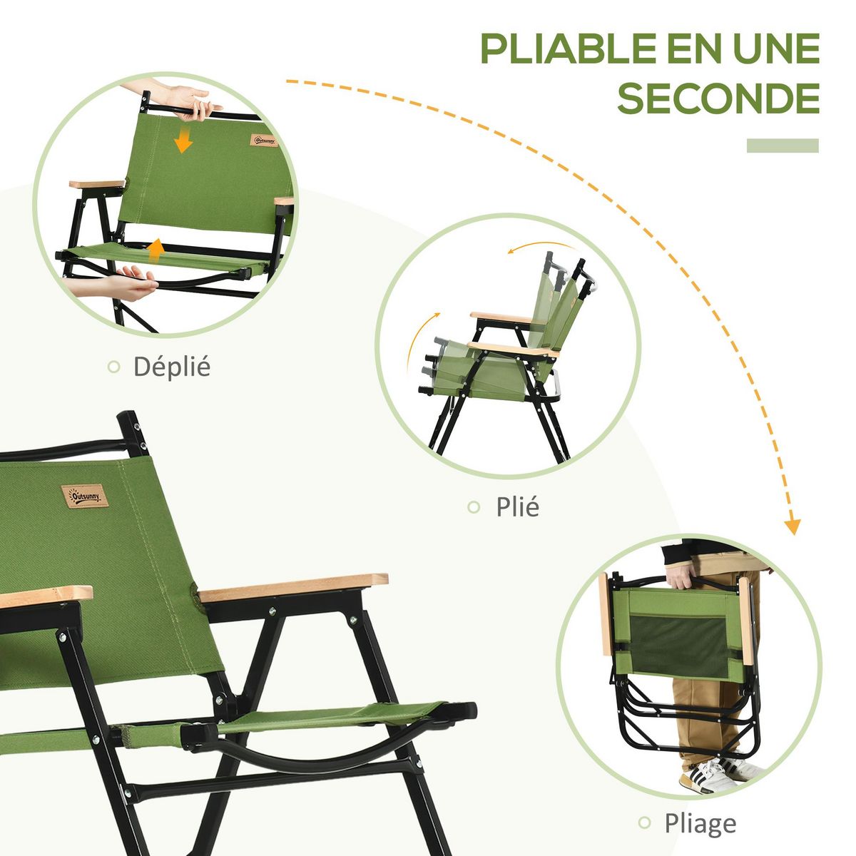 OUTSUNNY Lot de 2 chaises de plage camping pliantes - structure en aluminium avec sac de transport - dim. 55L x 55l x 66H cm vert