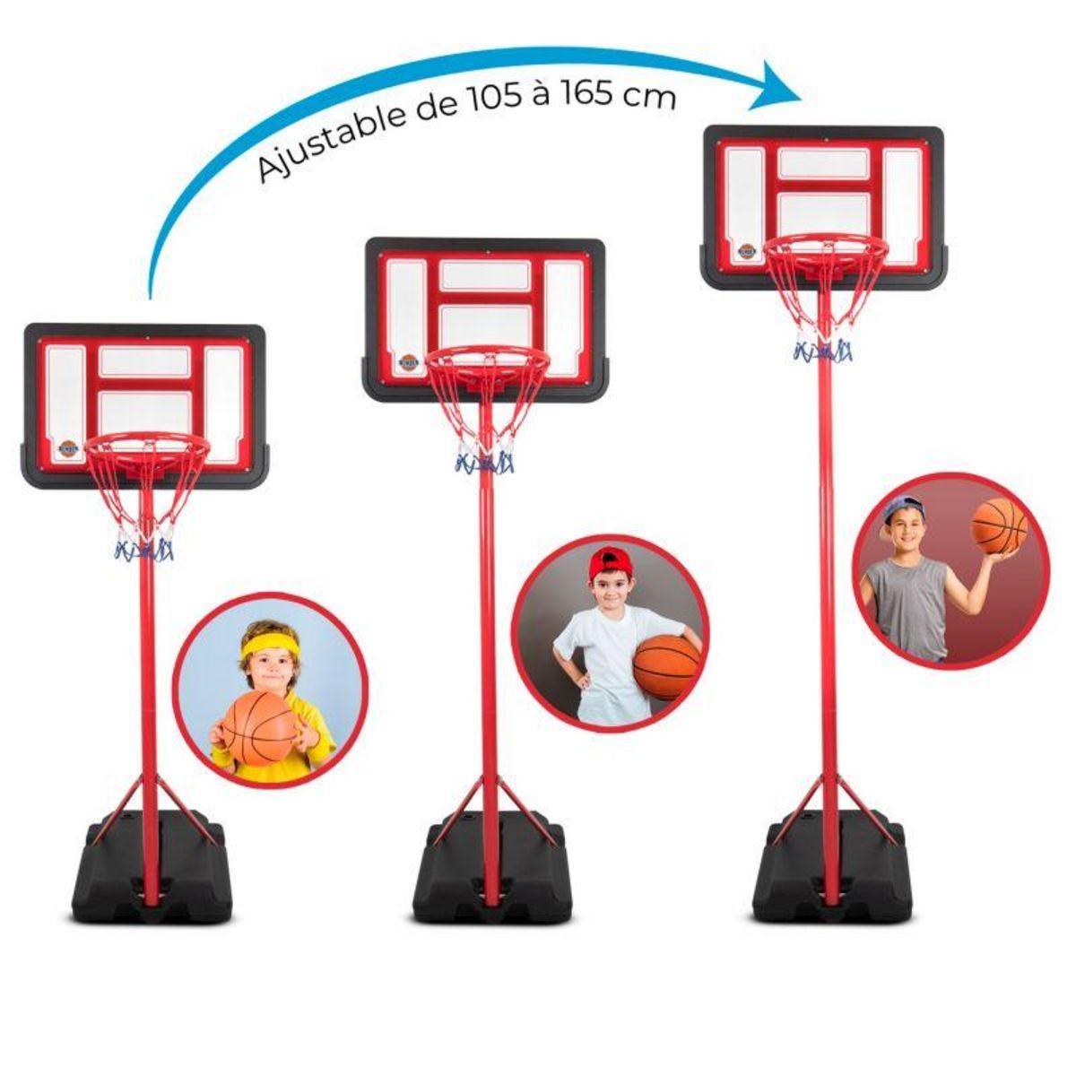BUMBER Panier de basket sur Pied Evolutif DENVER hauteur réglable de 1.05m à 1.65m Ballon et Pompe inclus