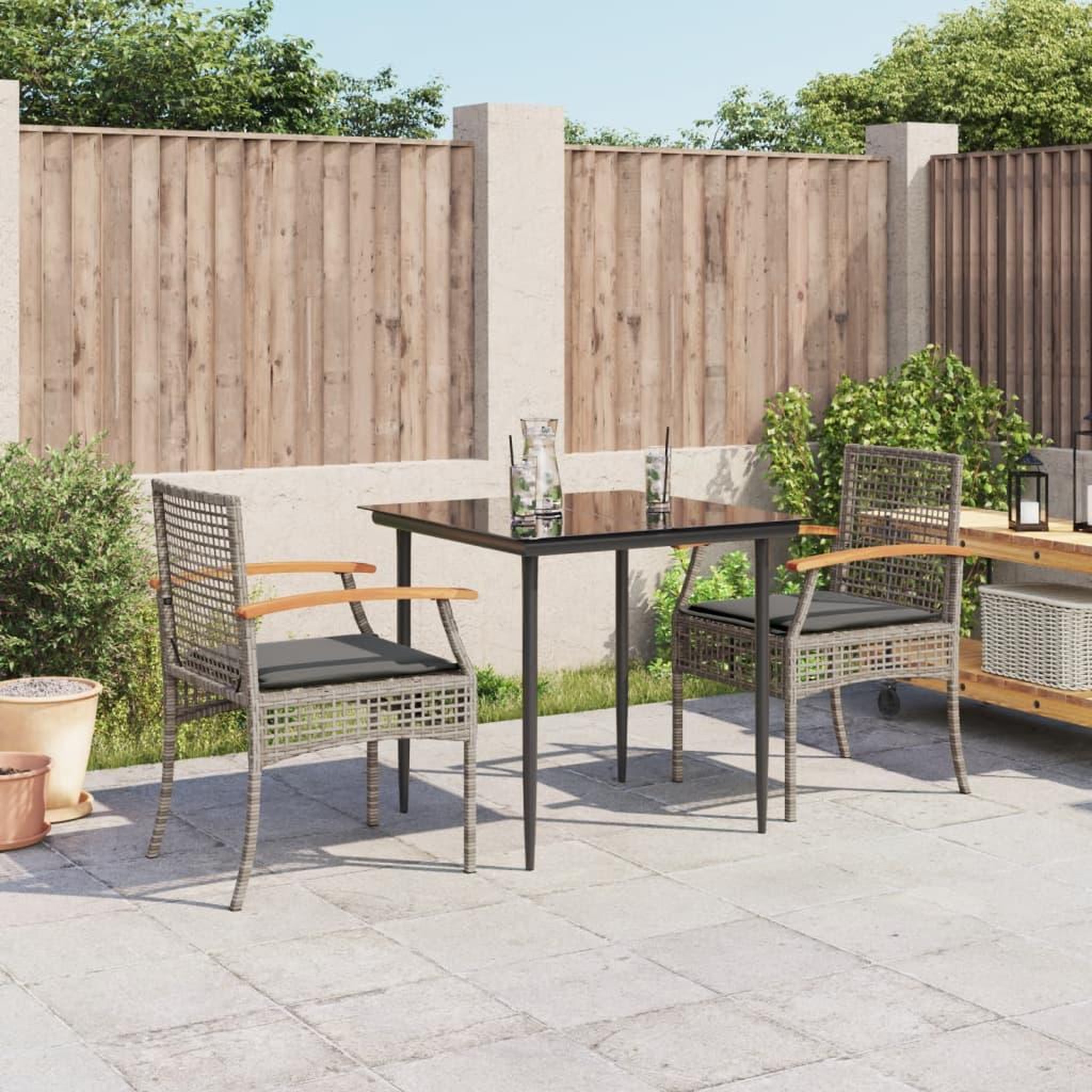 VIDAXL Ensemble a manger de jardin 3 pcs coussins gris resine tressee