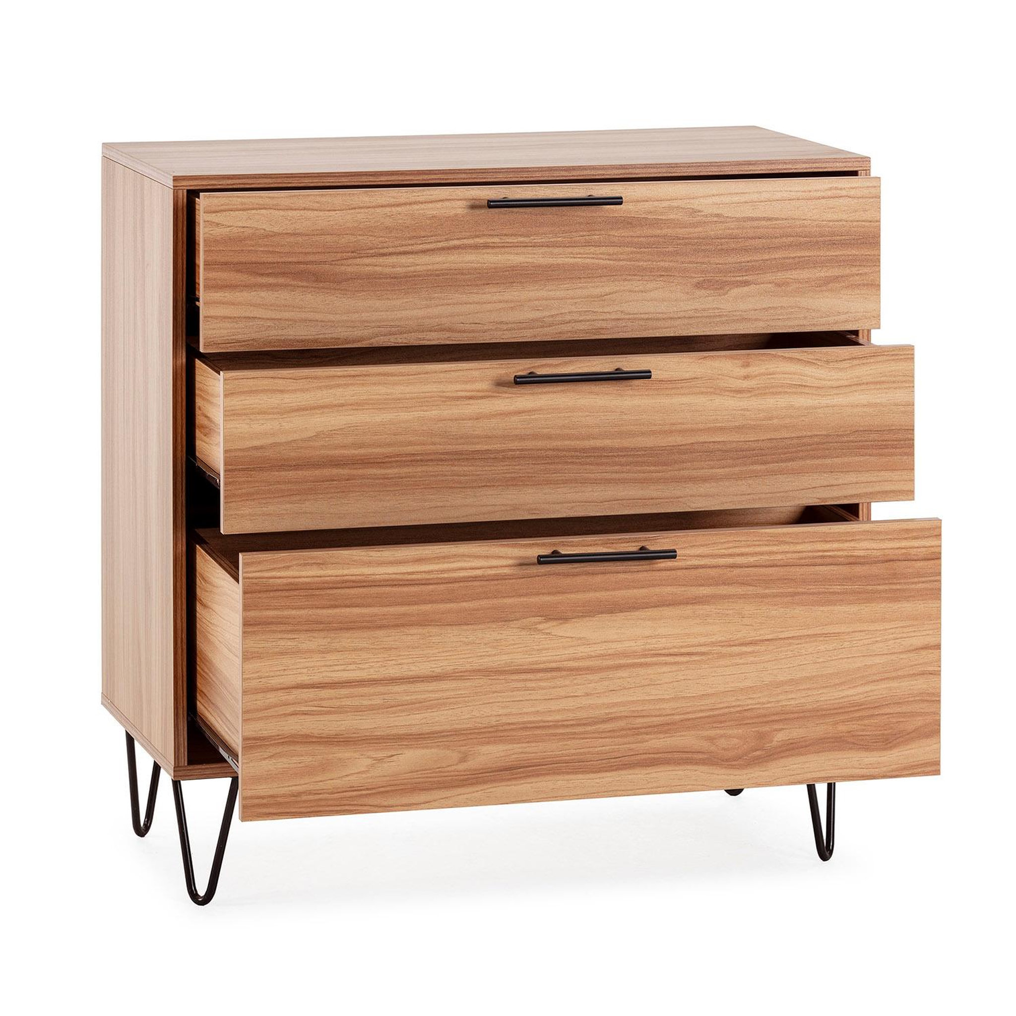 Voir la diapositive 3 : VS VENTA-STOCK Commode de nuit Alma 3 tiroirs, coloris bois, pieds métal