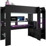 PARISOT Lit mezzanine combiné enfant LED Gamer ONLINE - 90 x 200 cm - Noir mat - Sommier inclus - PARISOT