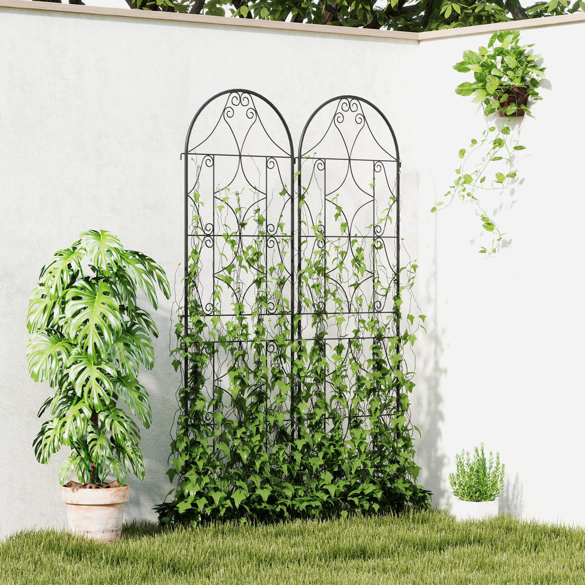 Voir la diapositive 4 : OUTSUNNY Treillis de jardin effet fer forgé - lot de 2 supports pour plantes grimpantes - 50 x 180 cm - métal époxy noir