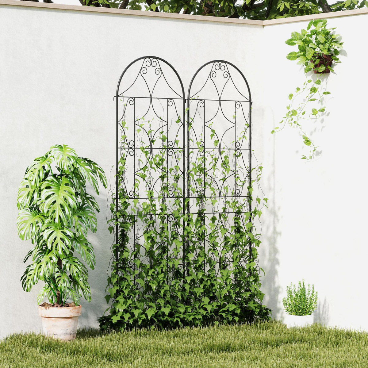 OUTSUNNY Treillis de jardin effet fer forgé - lot de 2 supports pour plantes grimpantes - 50 x 180 cm - métal époxy noir