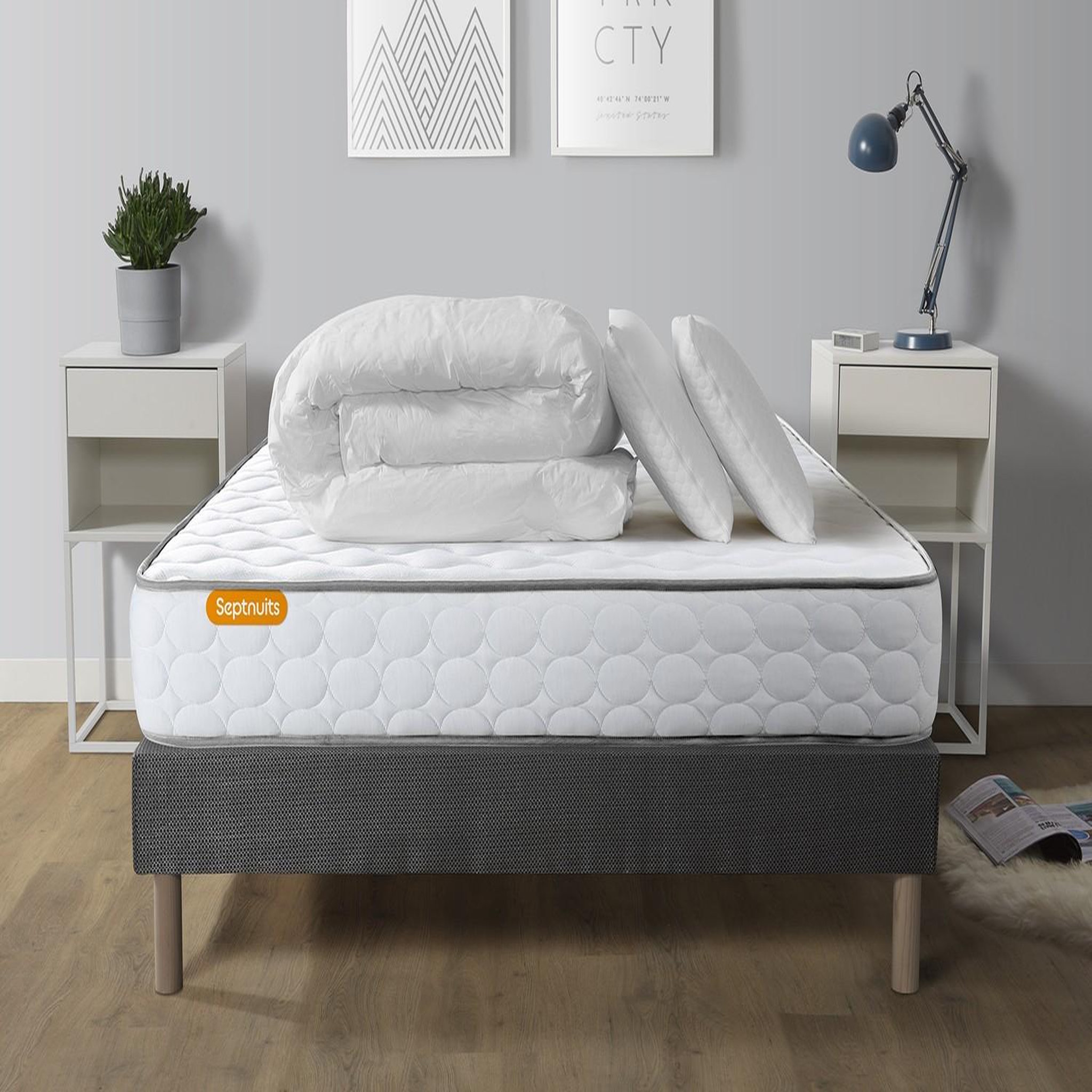 SEPTNUITS Pack matelas Memo + sommier gris + 2 oreillers mémoire de forme. Coloris disponibles : Gris