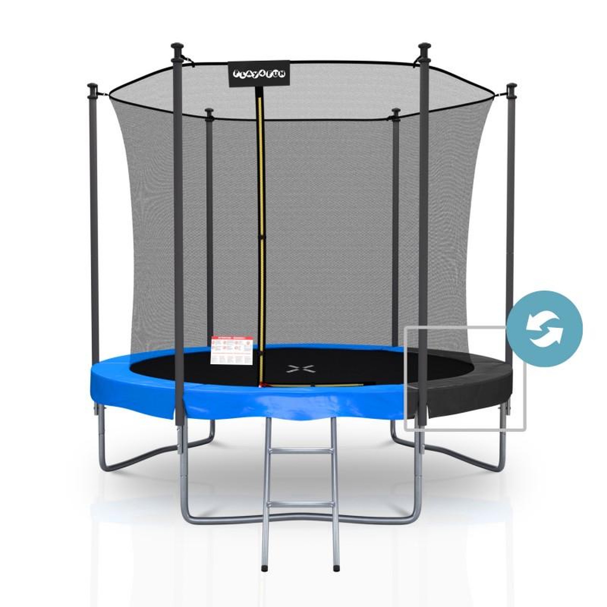 Voir la diapositive 1 : PLAY4FUN Trampoline extérieur Classique 8Ft ø244cm avec coussin de protection réversible Bleu/Noir, Echelle et Filet de sécurité