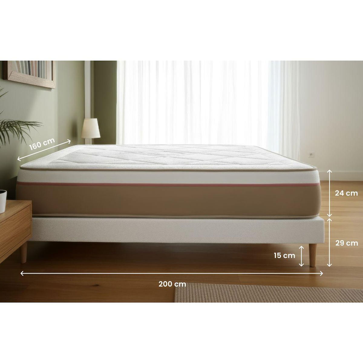 MARMOTTES&CO Pack prêt à dormir matelas LE SOYEUX 160x200cm Ressorts ensachés + Mémoire de forme BioVisco + sommier kit Beige