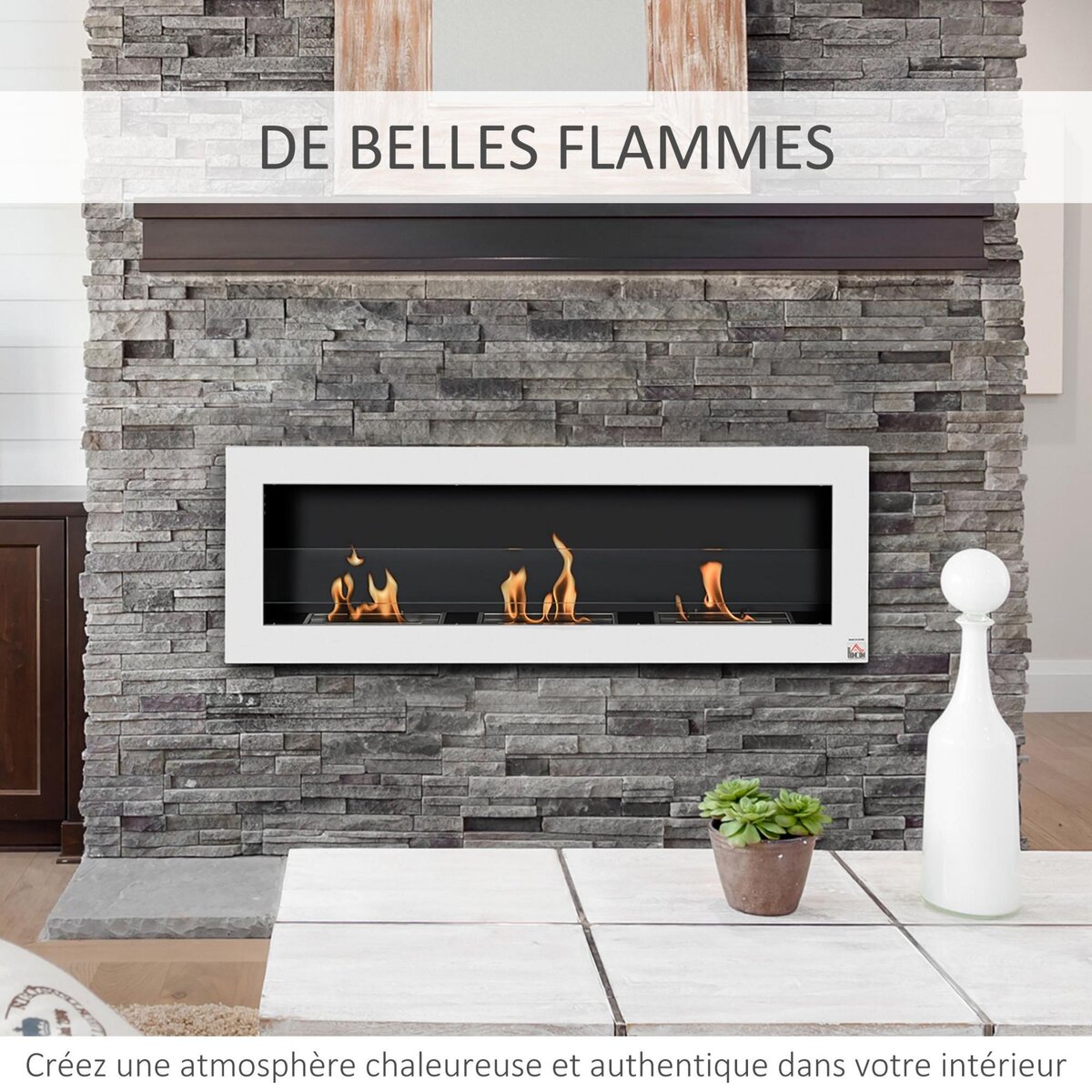 HOMCOM Cheminée bioéthanol murale design Bauhaus - triple brûleur 1 L - pare-feu verre trempé, kit fixation inclus - acier inox. acier dépoli blanc