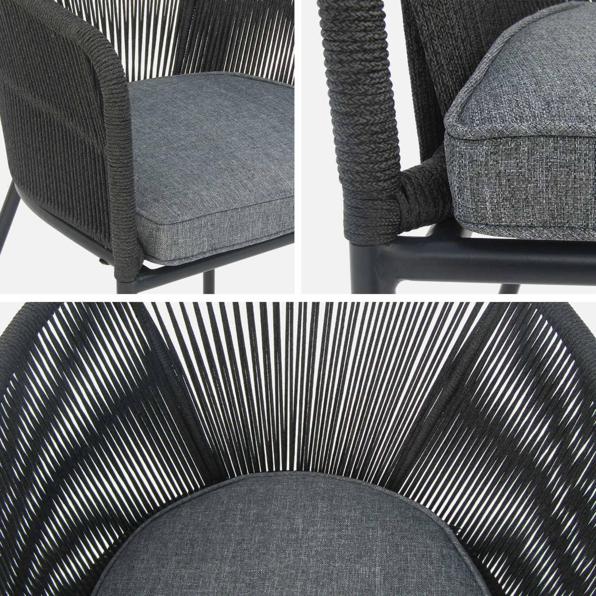 SWEEEK Lot de 4 fauteuils de jardin en corde noire et acier galvanisé. coussin gris