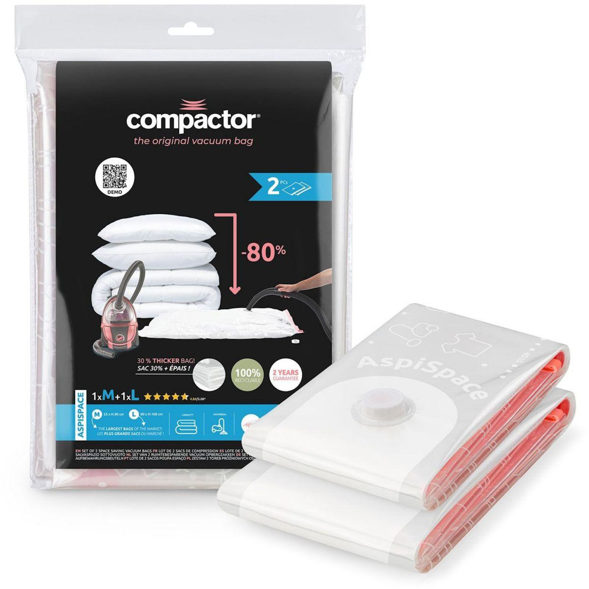 Compactor Housse lot de 2 sacs de rangement sous vide tailles M + L
