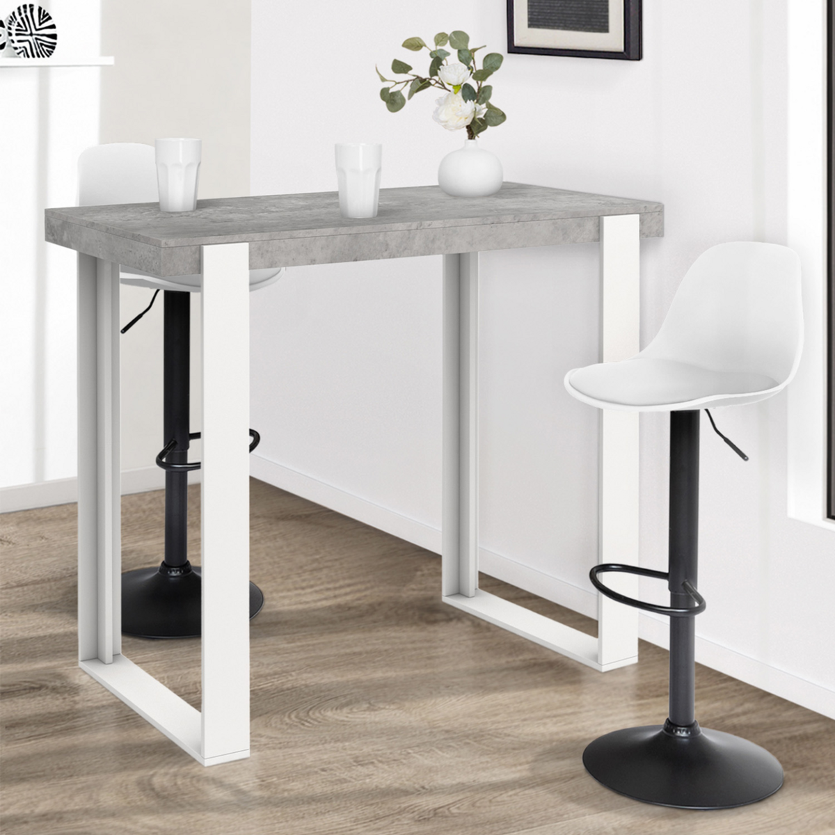 ID MARKET Table haute de bar PHOENIX effet béton et blanc 113 cm