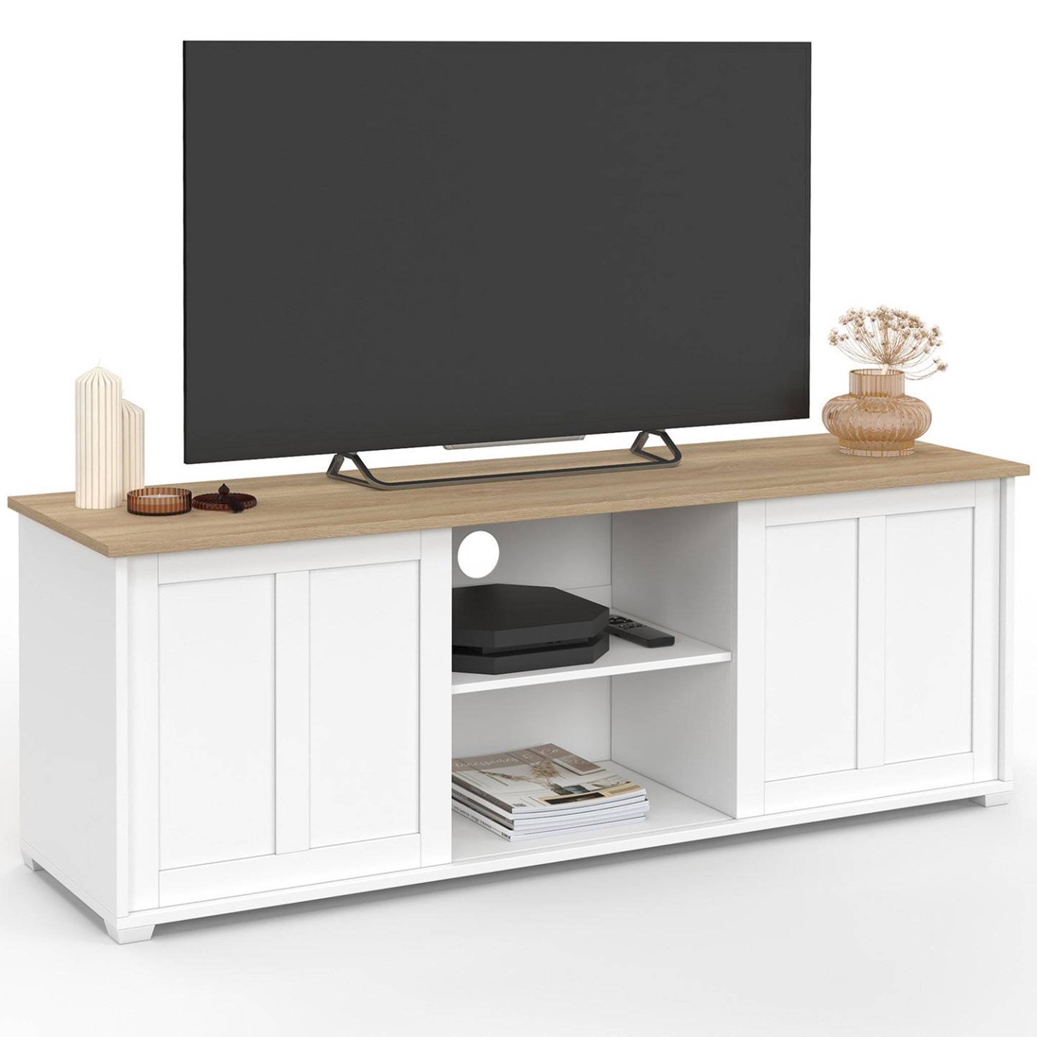 ID MARKET Meuble tv 140 cm  jango 2 portes coulissantes blanc et plateau bois