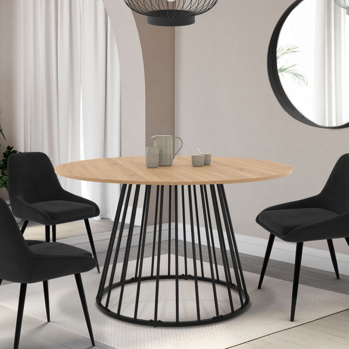 ID MARKET Table à manger extensible ronde YUNA 4-8 pers plateau bois et pied filaire en métal 110 - 150 cm