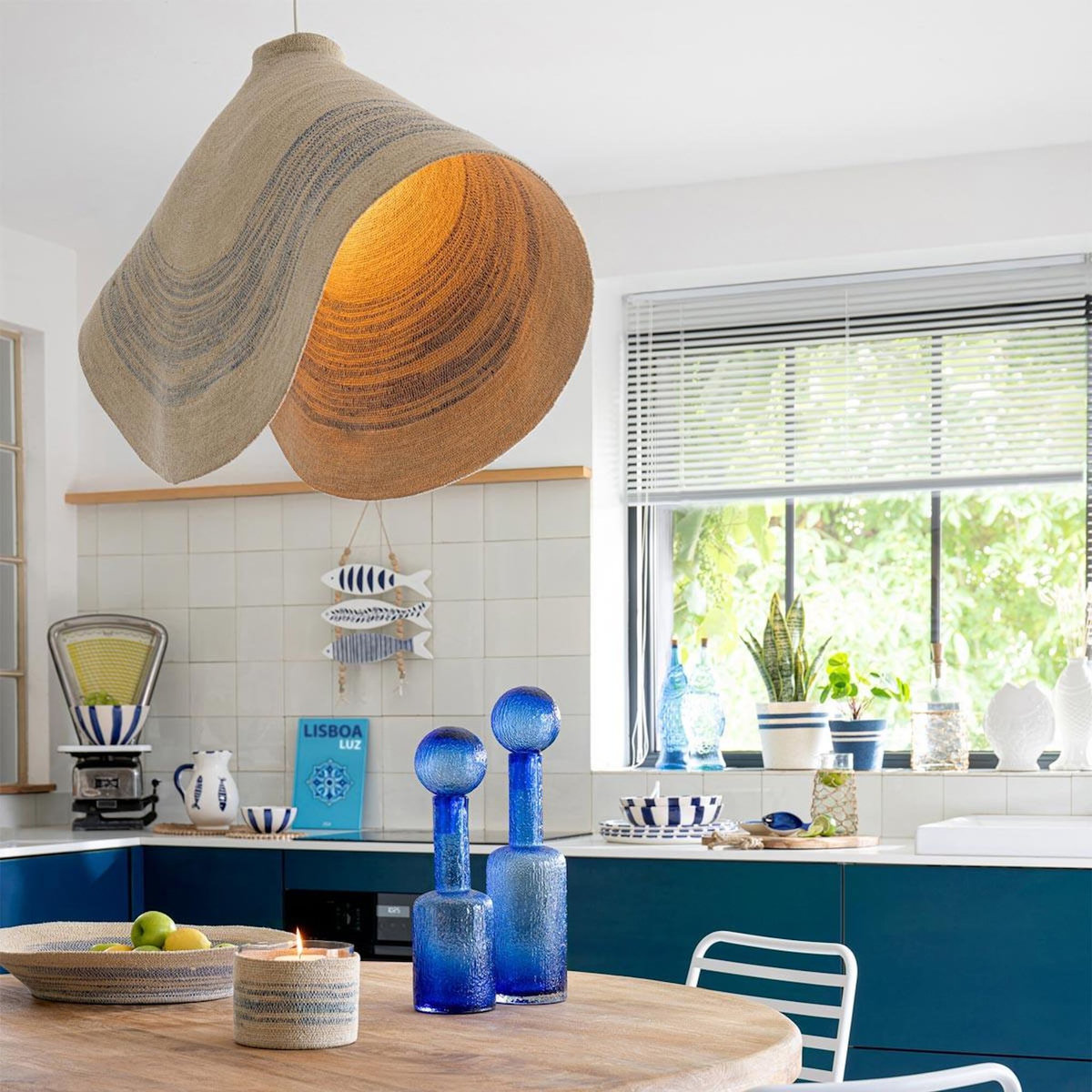 Paris Prix Suspension en Jonc de Mer  Galene  100cm Naturel & Bleu