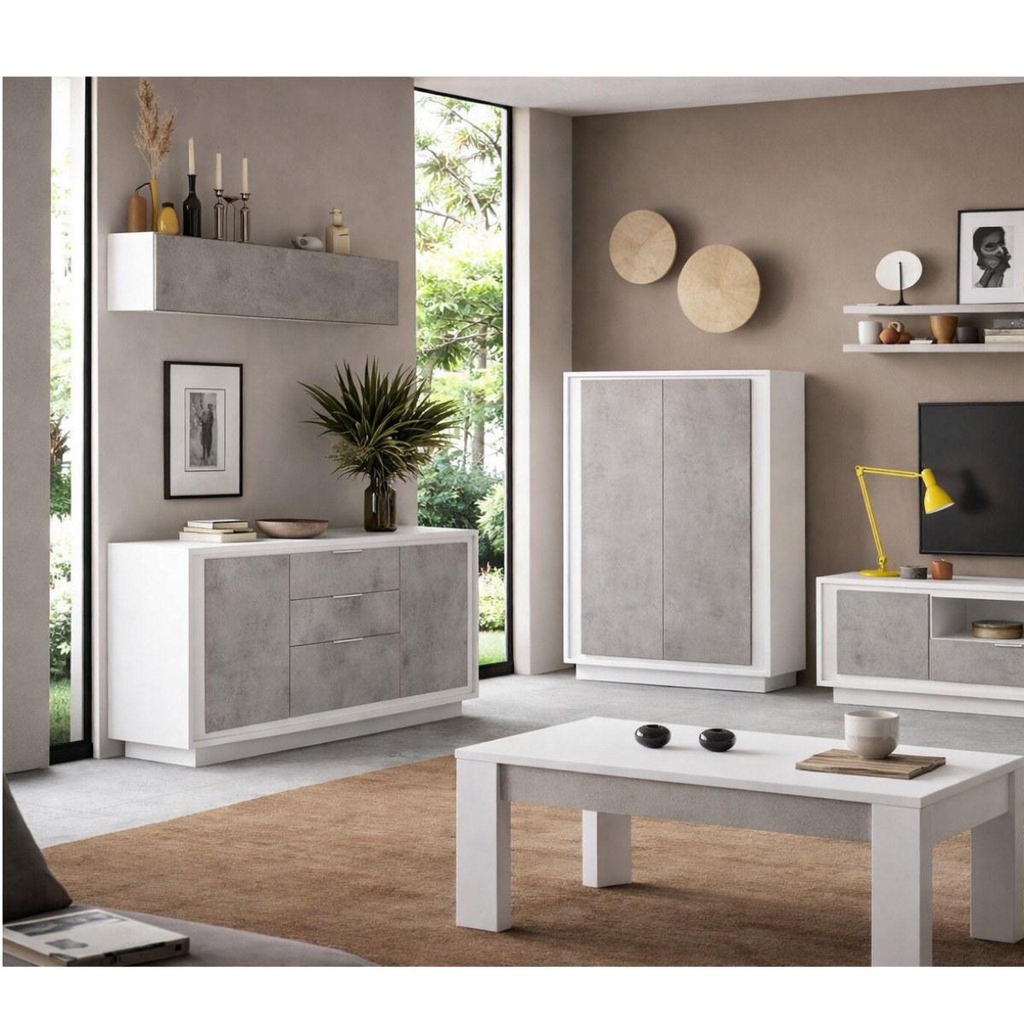 Voir la diapositive 5 : JLC KREATION Argentier-bar moderne 2 portes blanc et gris béton yori
