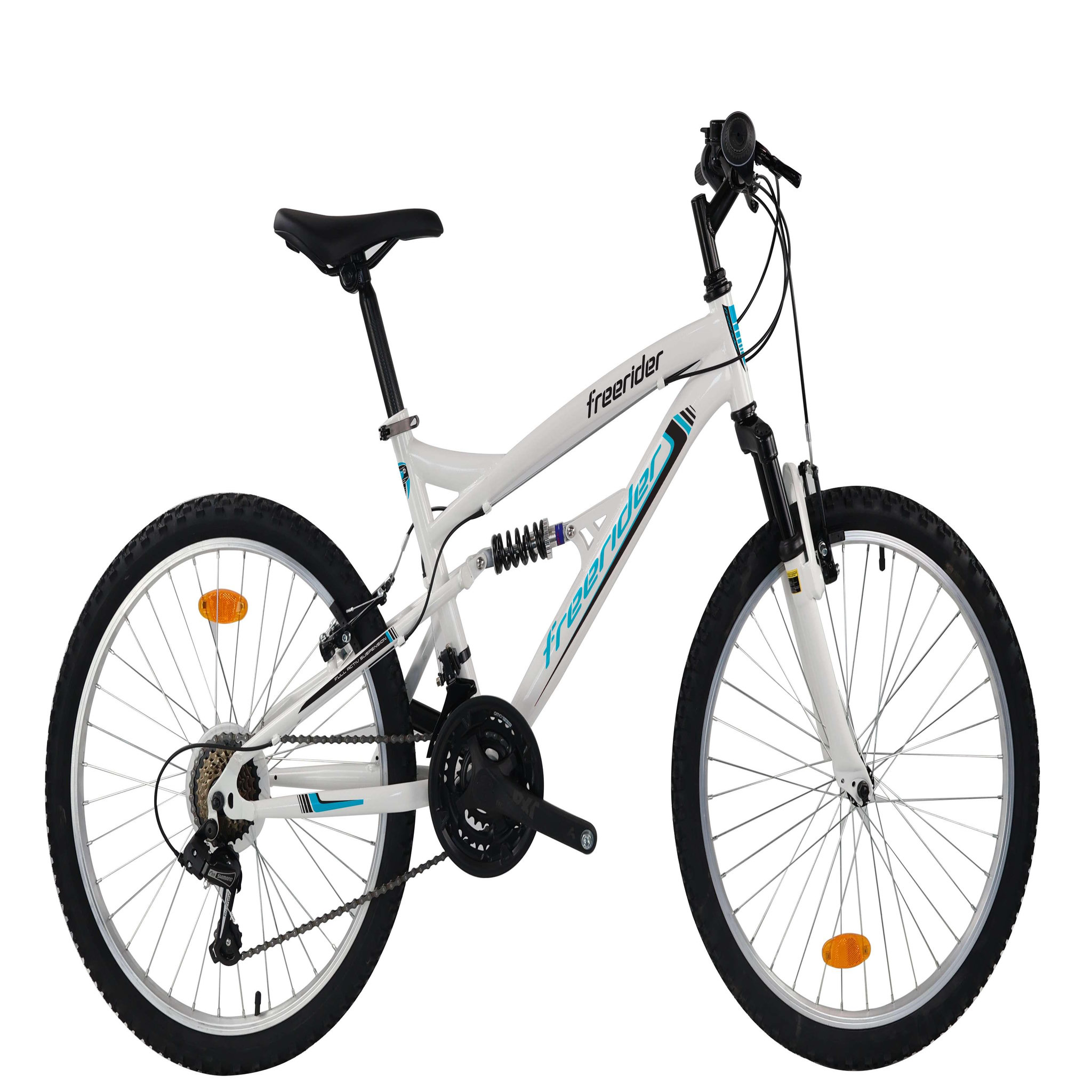 FREERIDER Vélo VTT 24'' avec cadre suspendu et fourche télescopique - 18 Vitesses Indexées via poignées tournantes indexées Grip Shift- Dérailleur arrière Shimano TY21 - Freins V-Brake en composite noire - Jantes en Aluminium avec attache rapide avant Sonnette.