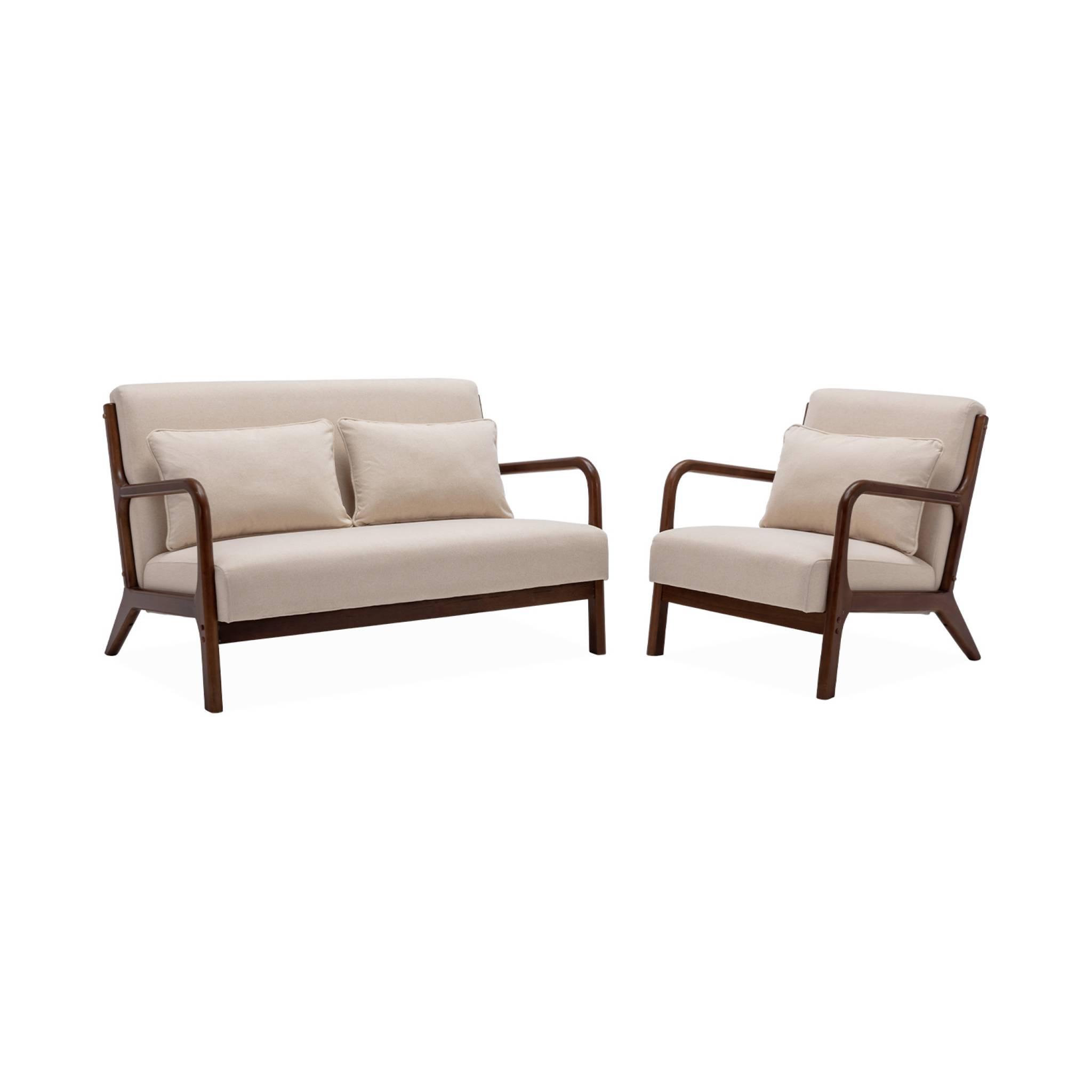 Voir la diapositive 1 : SWEEEK Banquette 2 places + Fauteuil en bois et tissu beige. bois d'hévéa teinté noyer clair