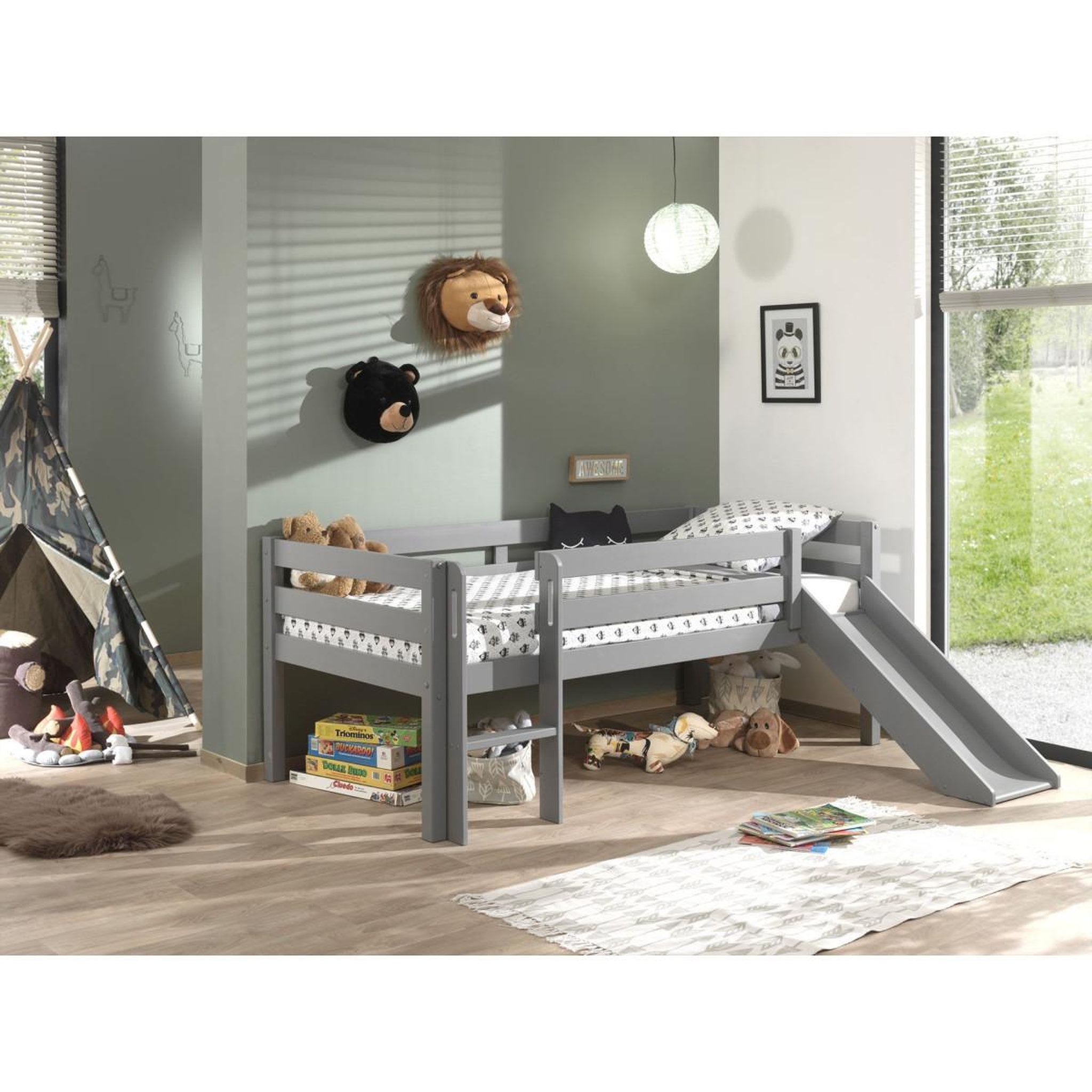 Voir la diapositive 4 : Paris Prix Lit enfant surélevé & toboggan  pino  90x200cm gris