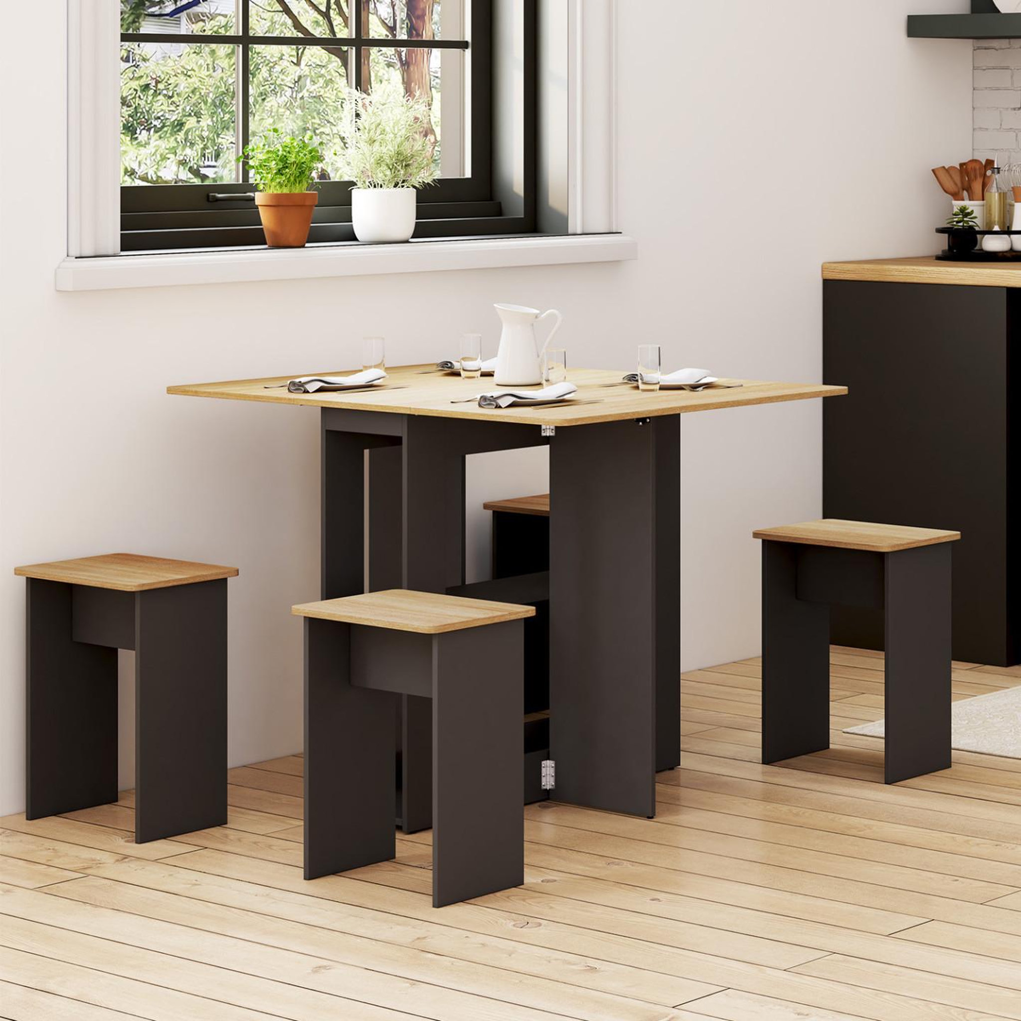Voir la diapositive 2 : ID MARKET Ensemble table console pliable edi 2-4 personnes bois noir et plateau façon hêtre avec 4 tabourets