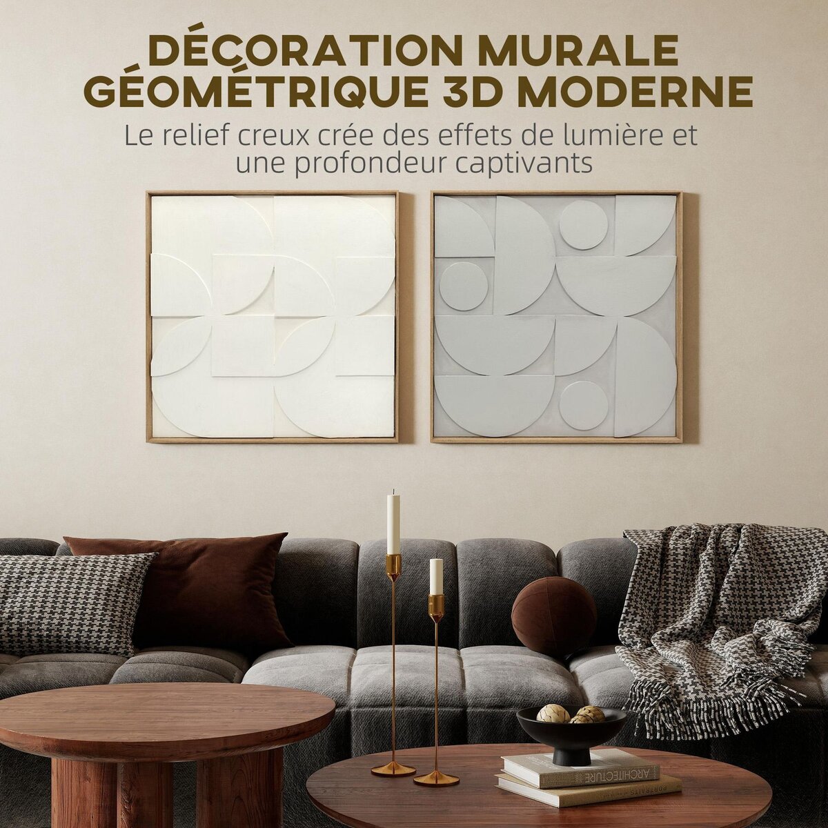 HOMCOM Lot de 2 tableaux murales 3D texturés gris blanc - tableaux décoratifs en relief 80 x 80 cm - cadre effet bois