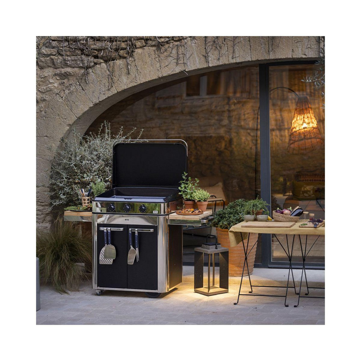 Eno Plancha gaz Combo Enosign 80 Inox et Noir 3 brûleurs sur chariot, 69x40 cm